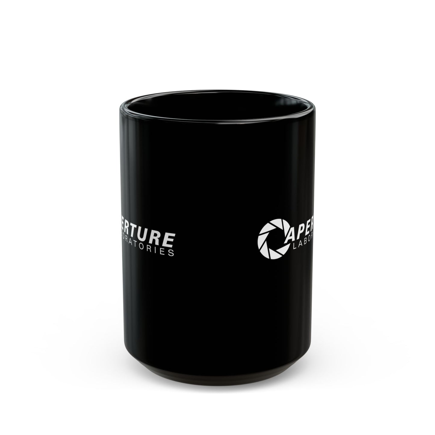 Side view of a 15 oz Black Ceramic Mug with the white Aperture Laboratories logo from the video game Portal and Portal 2 on both sides, shown with both logos visible, sold by ScriptedBrand.