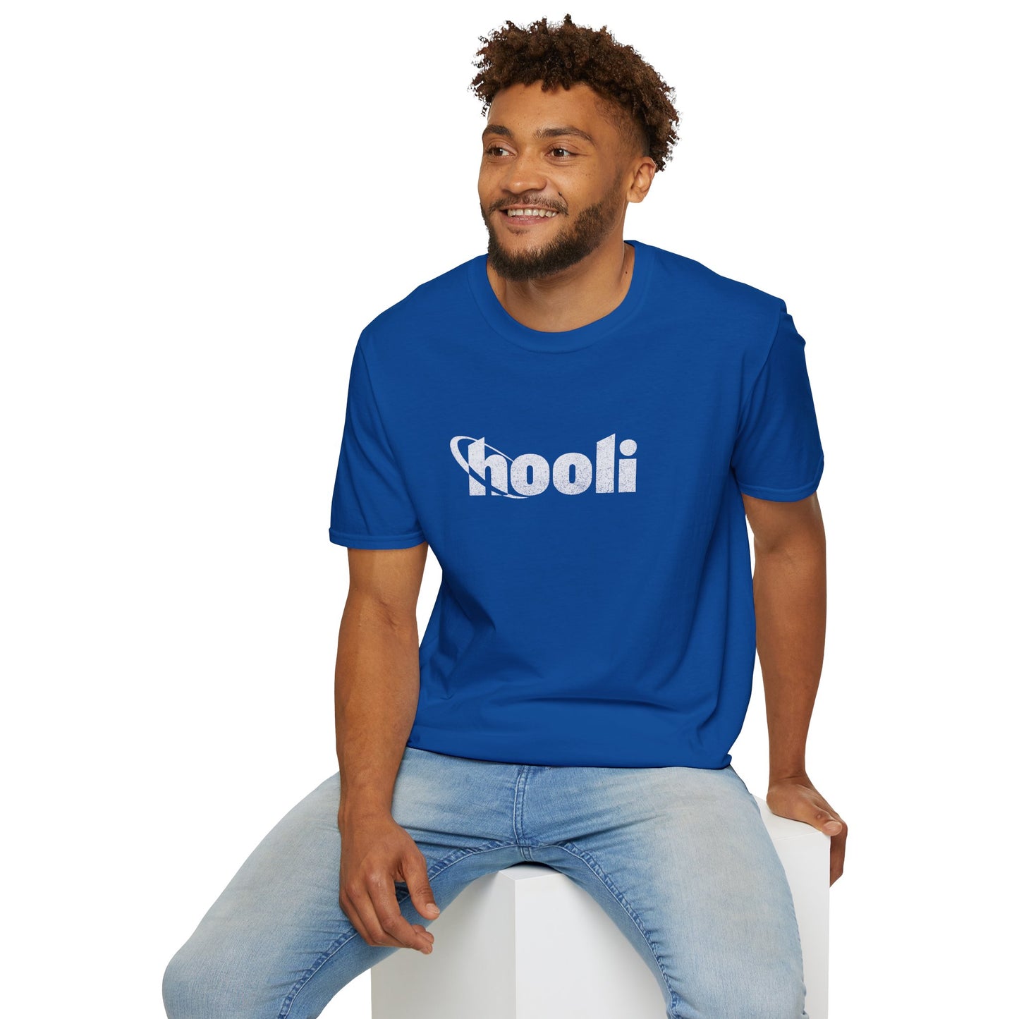 man wearing a blue t-shirt featuring the Hooli logo from the show Silicon Valley in a vintage distressed style.