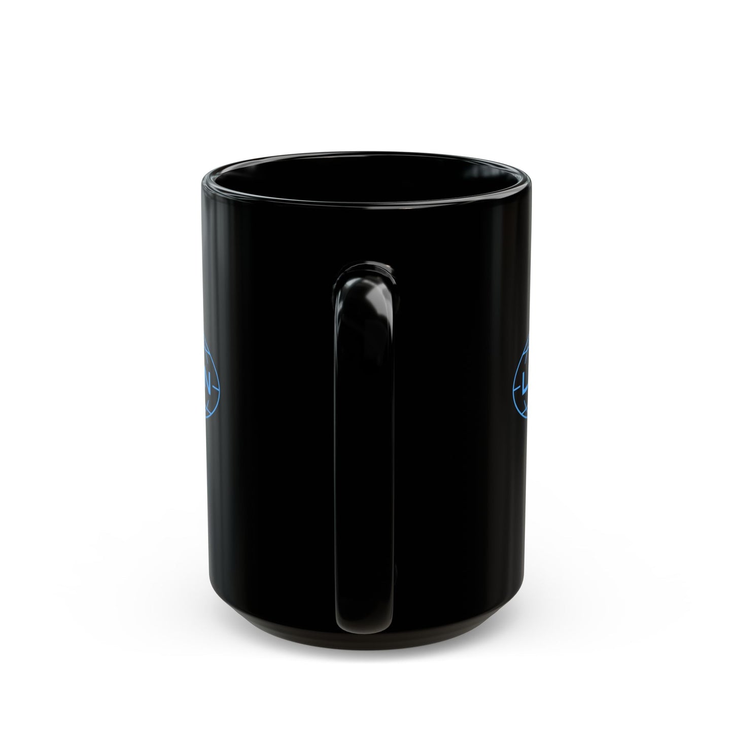 Handle angle view of a 15 oz Black Ceramic Mug with the Lumon Industries logo from the Apple TV show Severance printed on both sides.