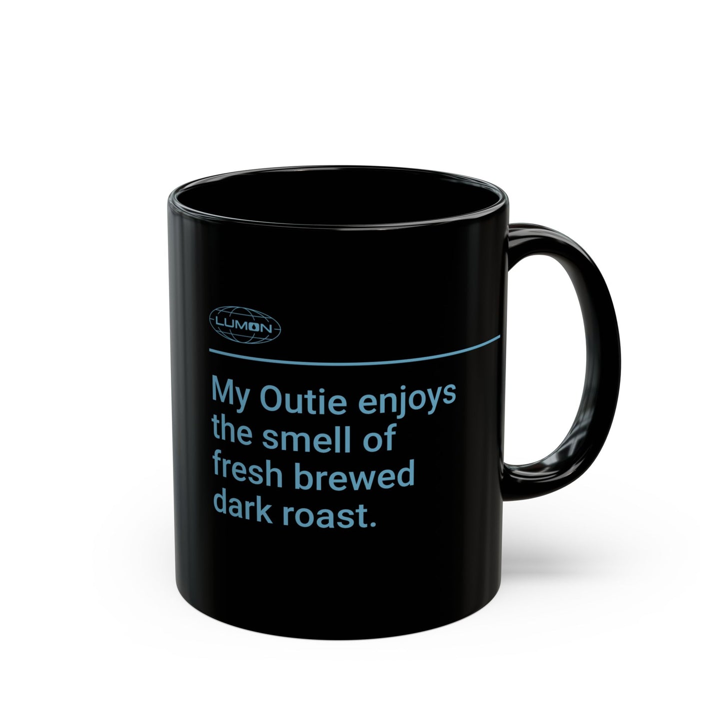 Back view of a 15 oz Personalized Black Ceramic Mug with the blue Lumon Industries logo on one side and customizable text on the other side (up to 120 characters) inspired by the Apple TV show Severance, sold by ScriptedBrand. Personalized text reads: My Outie enjoys the smell of fresh brewed dark roast.