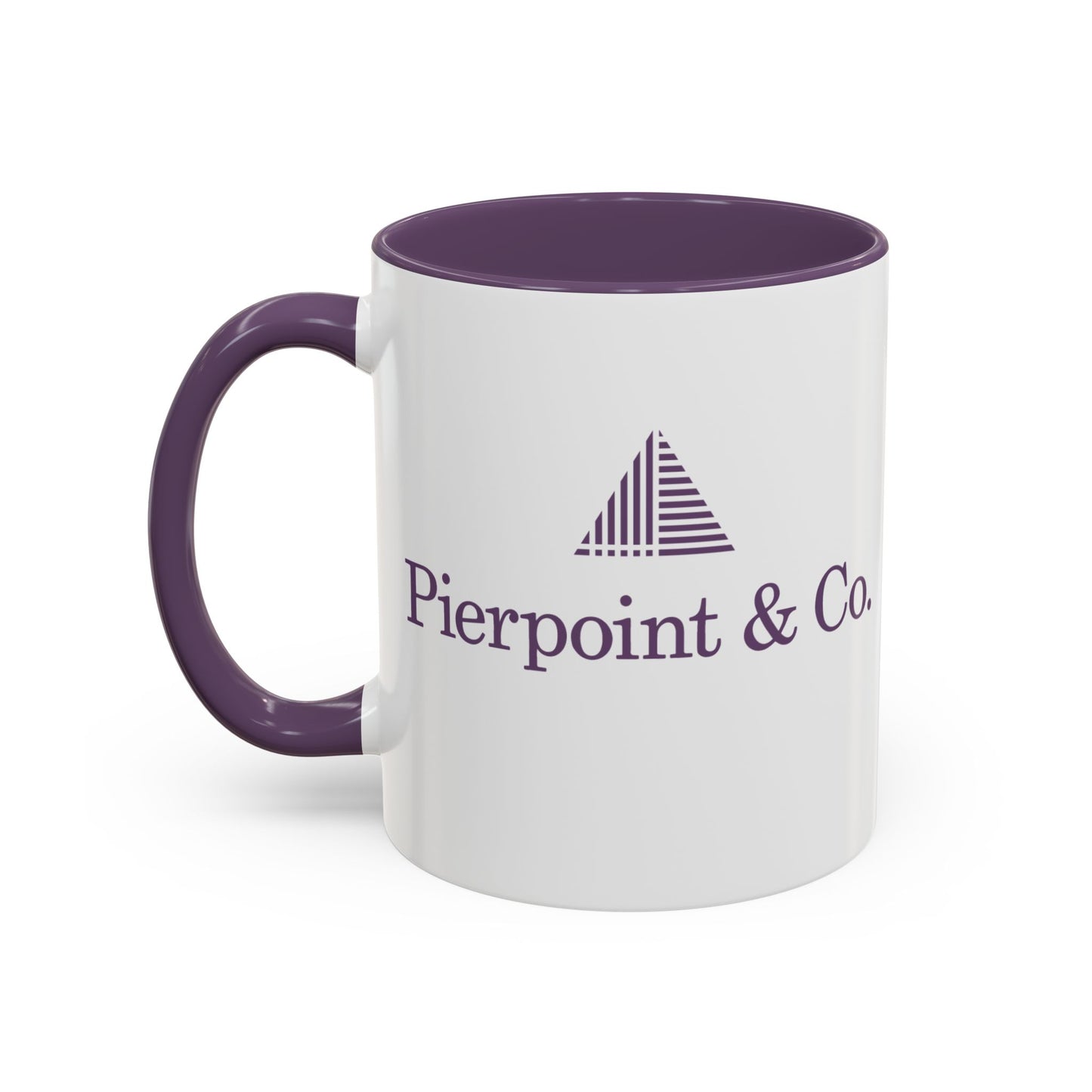 Front view of 11 oz white ceramic mug with purple Pierpoint & Co. logo, handle, and interior inspired by the HBO series Industry.