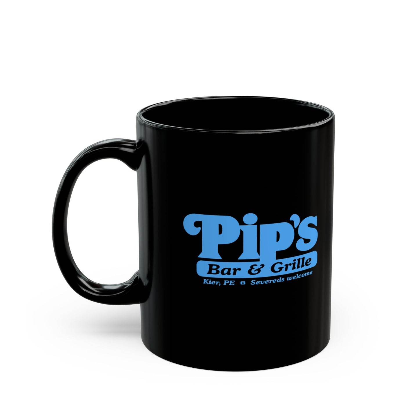 11 oz Black Ceramic Mug featuring the Pips Bar and Grill logo from the Apple TV show Severance printed on both sides in Lumon Industries blue, sold by ScriptedBrand. Handle is on the left side.