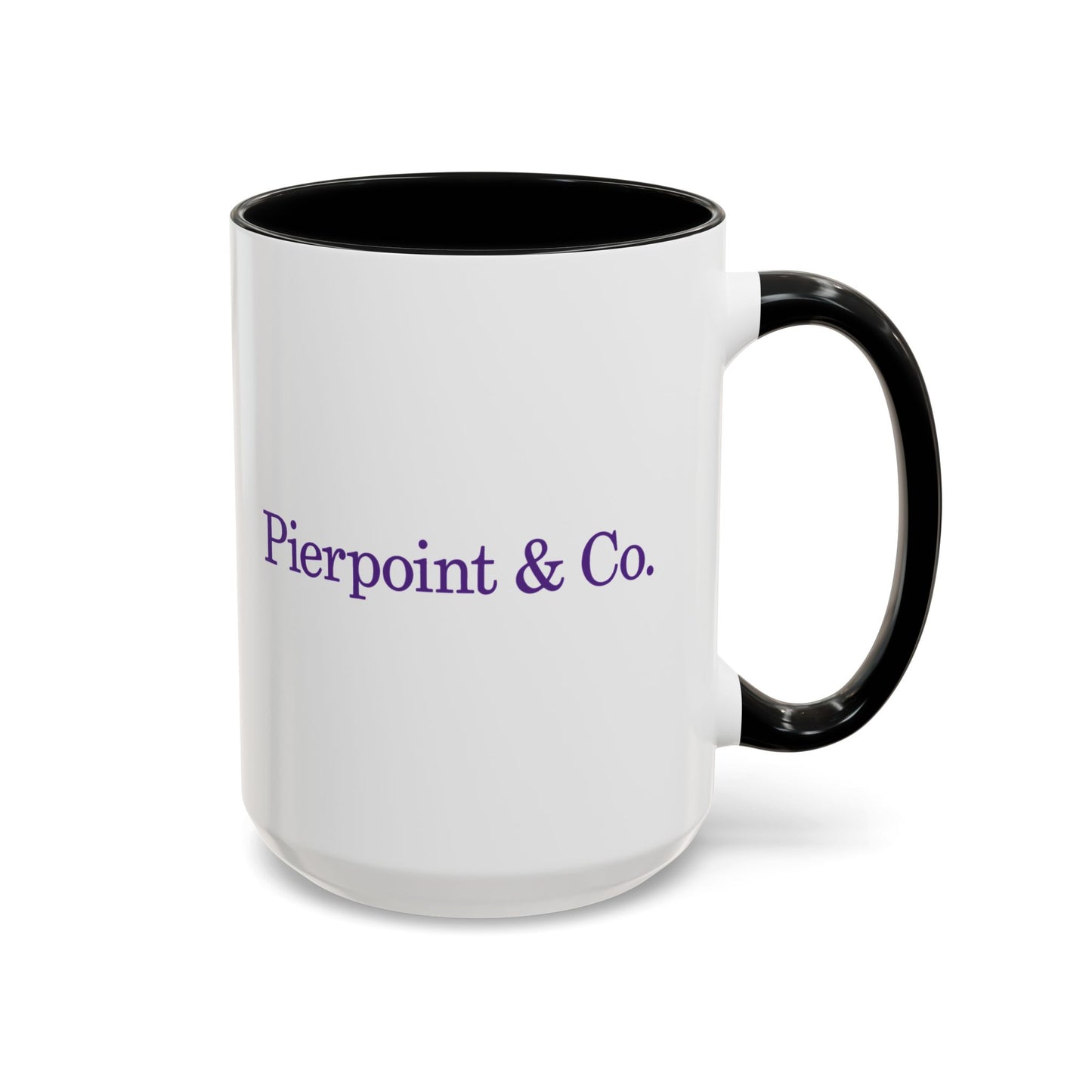 Front view of a 15 oz White Ceramic Mug with black handle on the right side, featuring the purple Pierpoint & Co logo from the HBO TV show Industry printed on both sides, sold by ScriptedBrand.