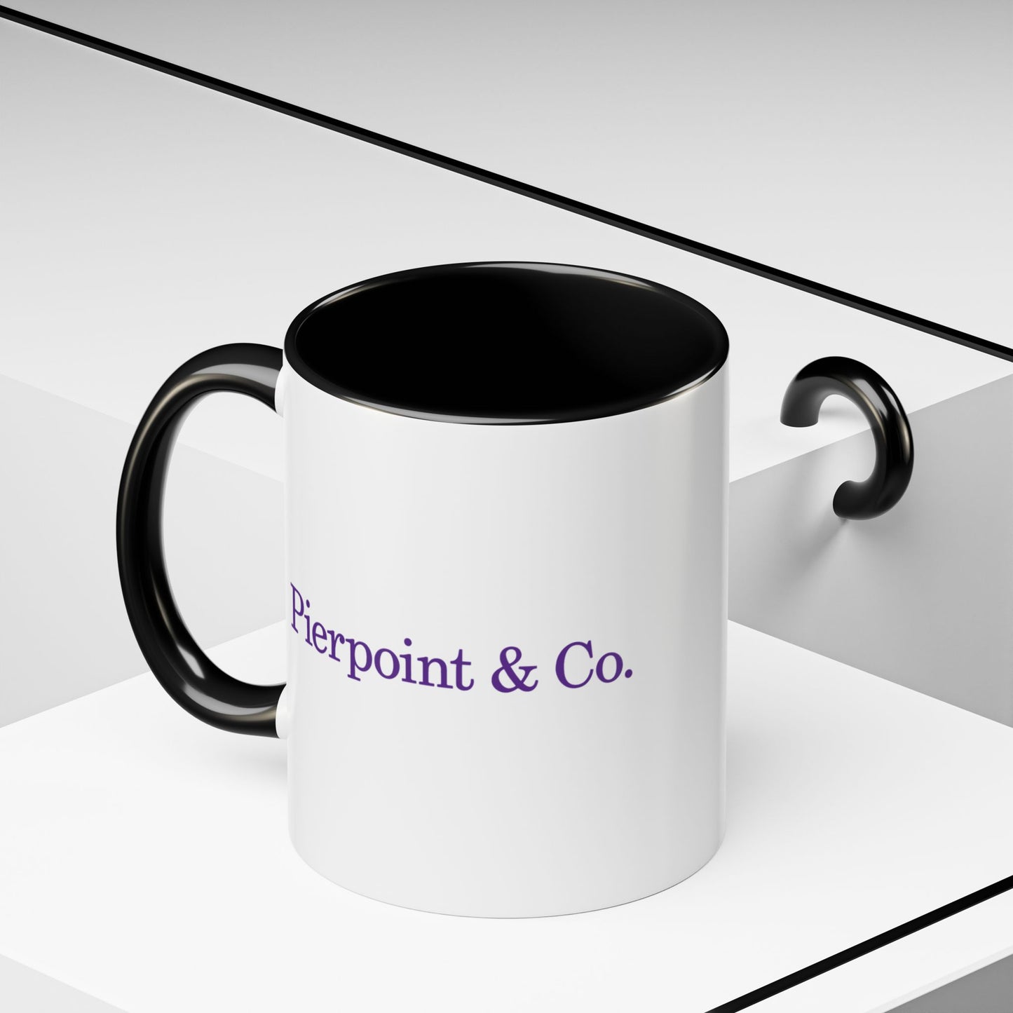 Angled view of a 11 oz White Ceramic Mug with black handle/interior featuring the purple Pierpoint & Co logo from the HBO TV show Industry printed on both sides, sold by ScriptedBrand.