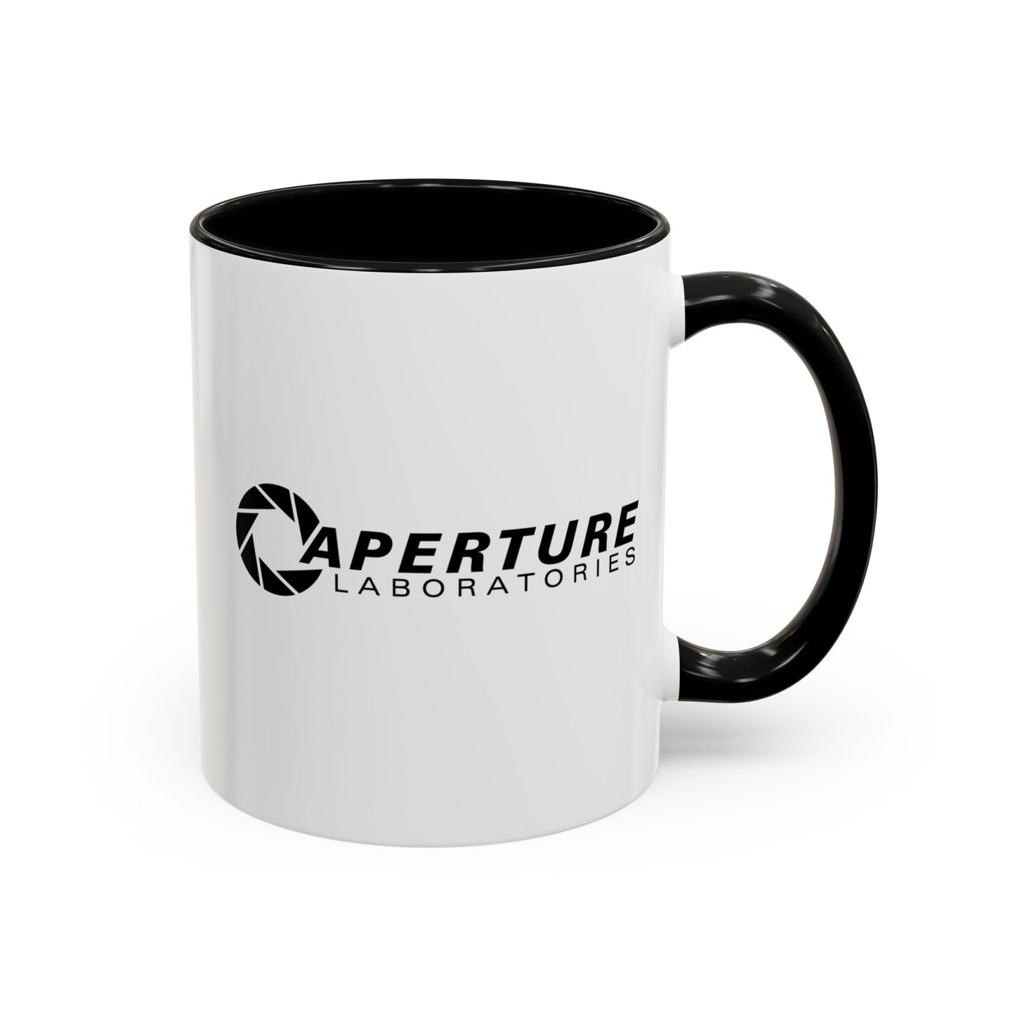 Front view with handle on right of a 11 oz white Ceramic Accent Mug with the black Aperture Laboratories logo from the video game Portal on both sides. Handle and interior are colored black.