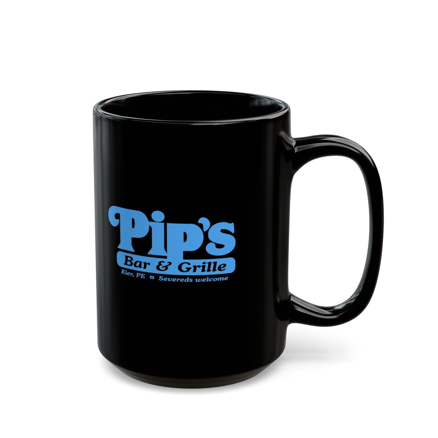 15 oz Black Ceramic Mug featuring the Pips Bar and Grill logo from the Apple TV show Severance printed on both sides in Lumon Industries blue, sold by ScriptedBrand. Handle is on the right side.
