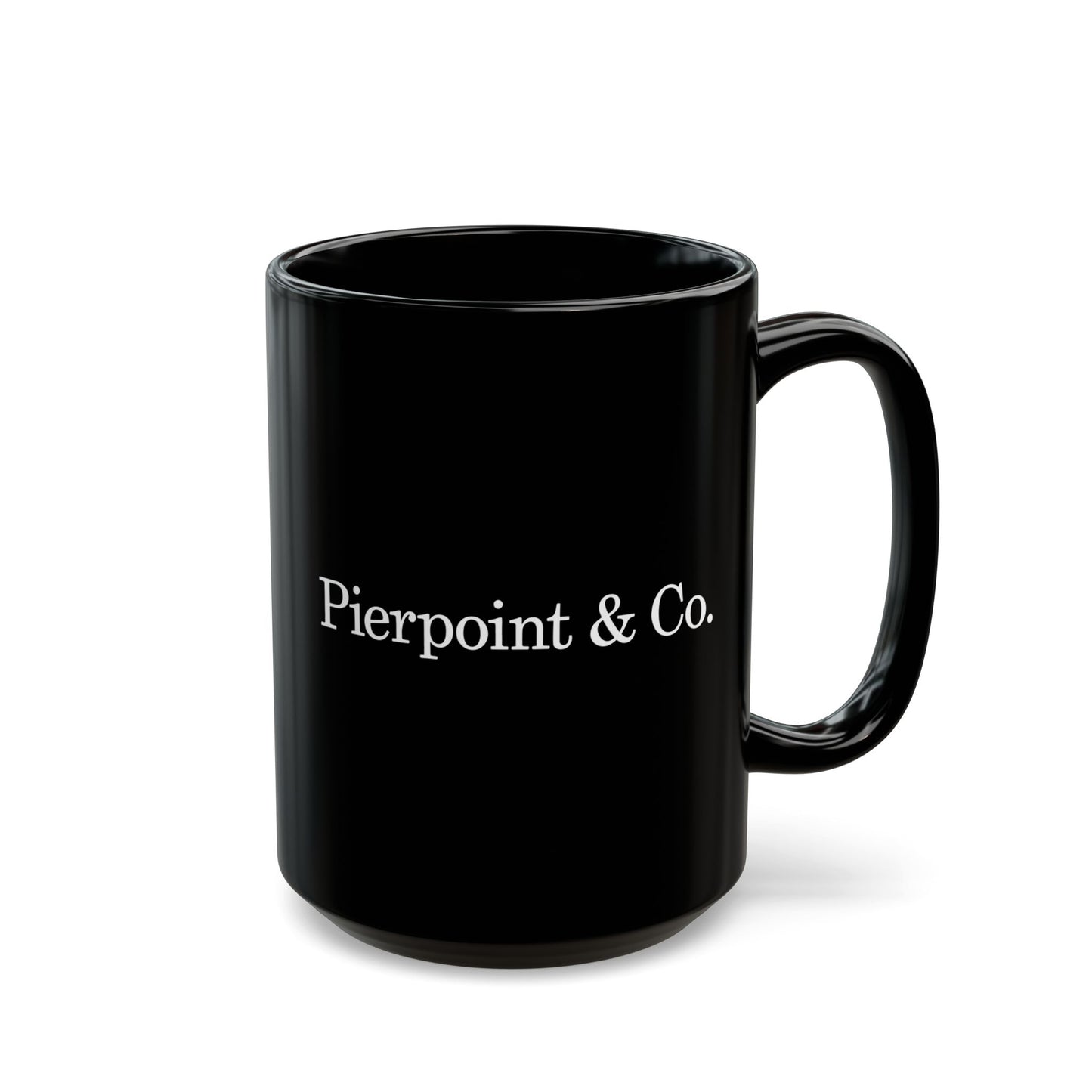 15 oz Black mug with 'Pierpoint & Co.' text on a white background