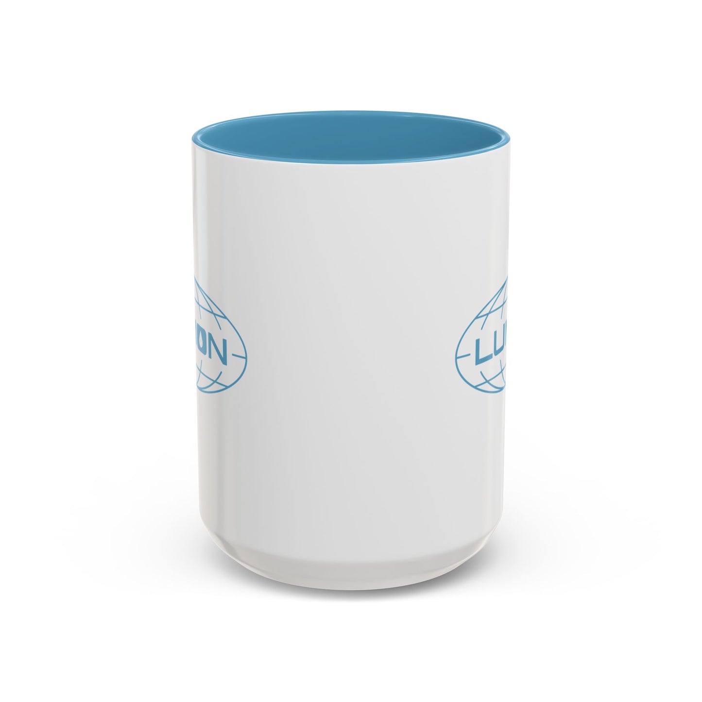 Side view of a White Ceramic Mug (15 oz) with the blue Lumon Industries logo on both sides, inspired by the Apple TV show Severance.