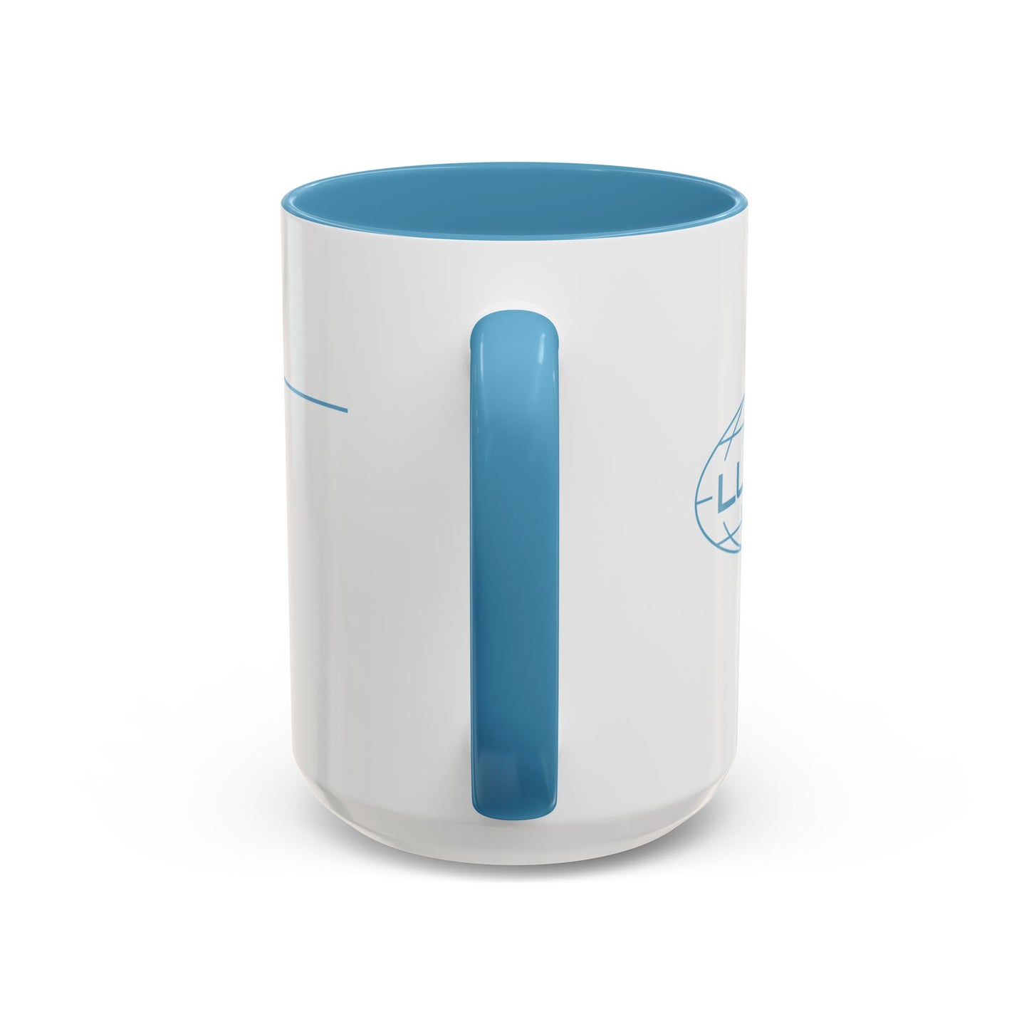 Handle angle of a mockup of a White Ceramic Mug (15 oz) with the blue Lumon Industries logo on one side and customizable text on the other side (up to 120 characters) inspired by the Apple TV show Severance.