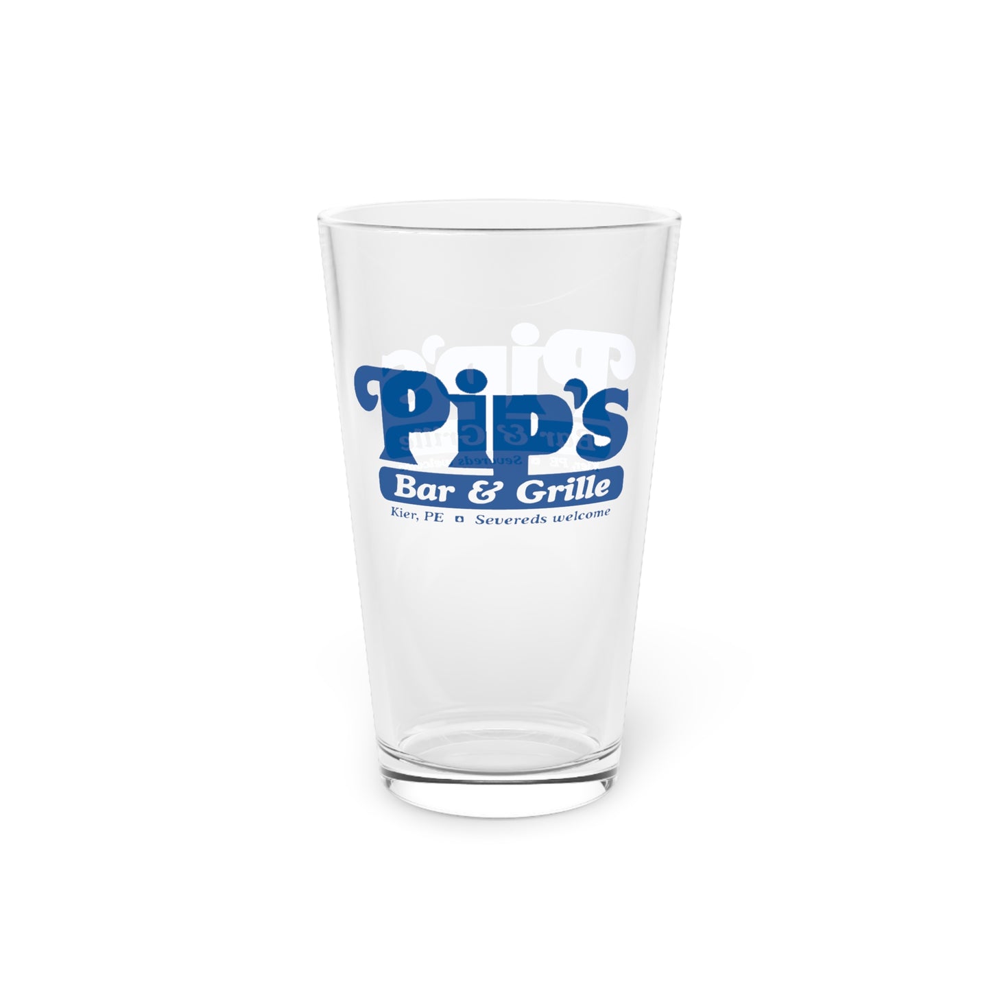 16 ounce clear pint glass featuring the Pips Bar and Grill logo from the Apple TV show Severance printed on both sides. Lumon Industries