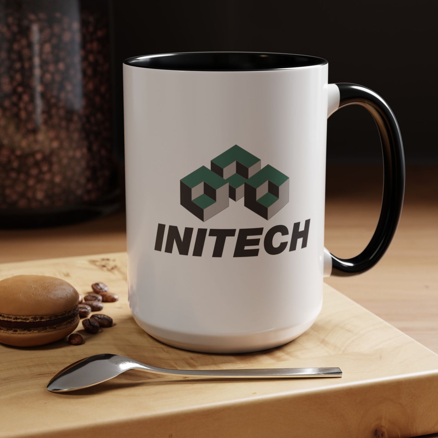 15oz White Ceramic Accent Mug in a kitchen featuring the fictional Initech logo from the movie Office Space printed on both sides, sold by ScriptedBrand.