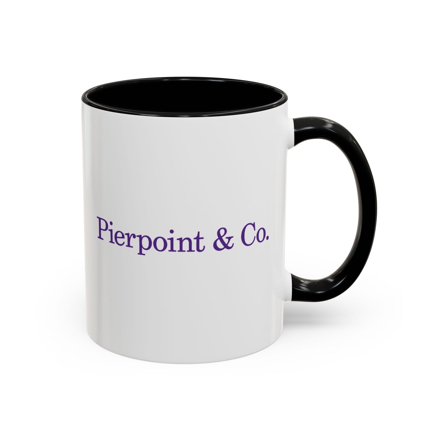 Front view of a 11 oz White Ceramic Mug with black handle on the right side, featuring the purple Pierpoint & Co logo from the HBO TV show Industry printed on both sides, sold by ScriptedBrand.