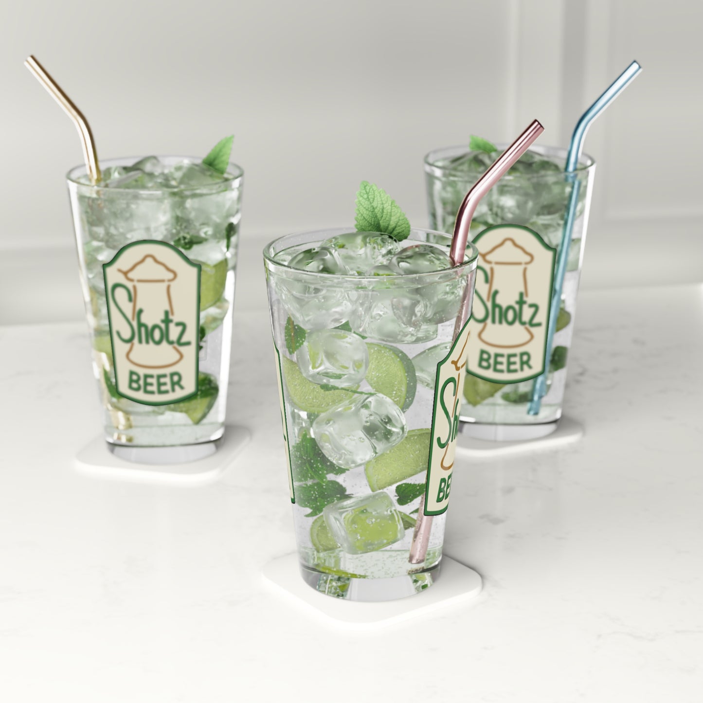 mockup of three 16 oz clear pint glasses with Shotz Beer logo graphic from TV Show Laverne & Shirley, printed on both sides.