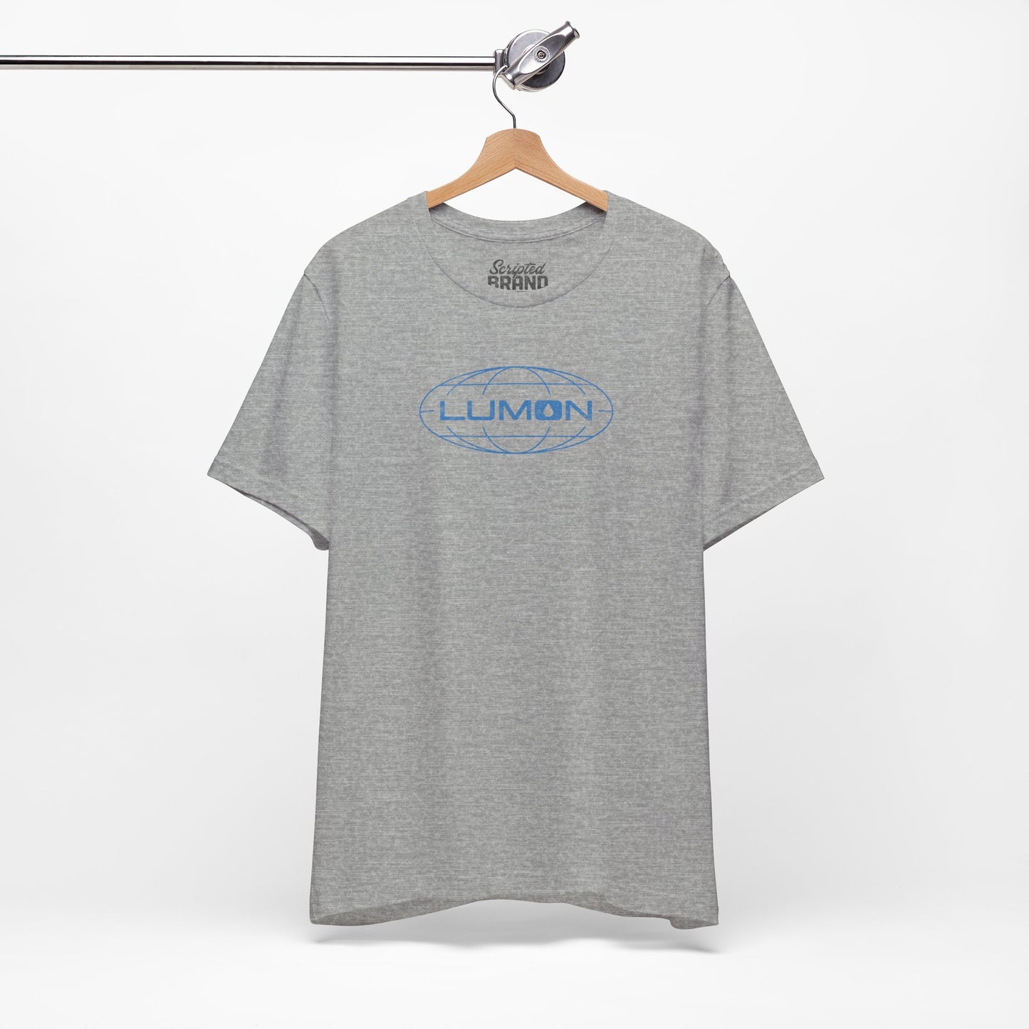 Athletic Heather gray colored soft Bella+Canvas shirtsleeve t-shirt with the Lumon Industries logo from the TV show Severance in a vintage distressed ink-stamped style, hanging on a hanger