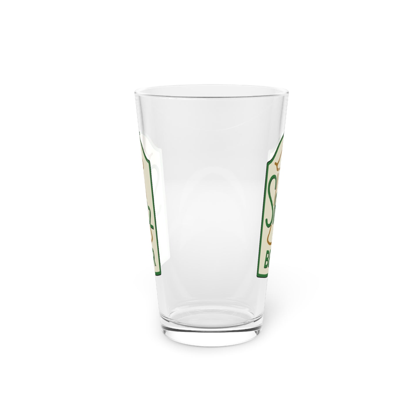 Side view of 16 oz clear pint glass with Shotz Beer logo graphic from TV Show Laverne & Shirley, printed on both sides.