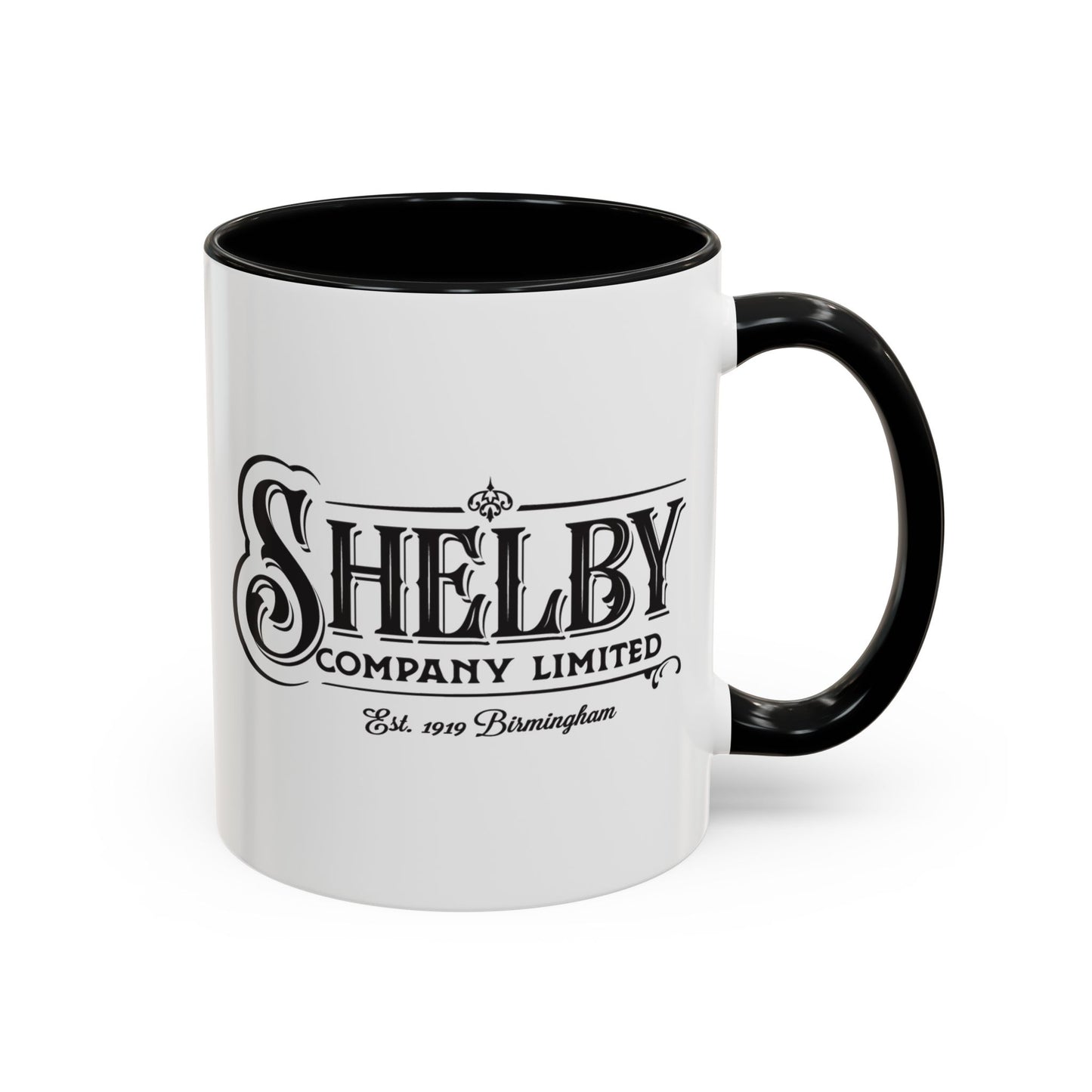 Front view of a 11 oz White Ceramic Mug with black handle/interior featuring the fictional Shelby Company Limited Logo from the TV show Peaky Blinders printed on both sides. Black handle is on the right. Graphic is designed by ScriptedBrand and includes the text "Est. 1919 Birmingham".