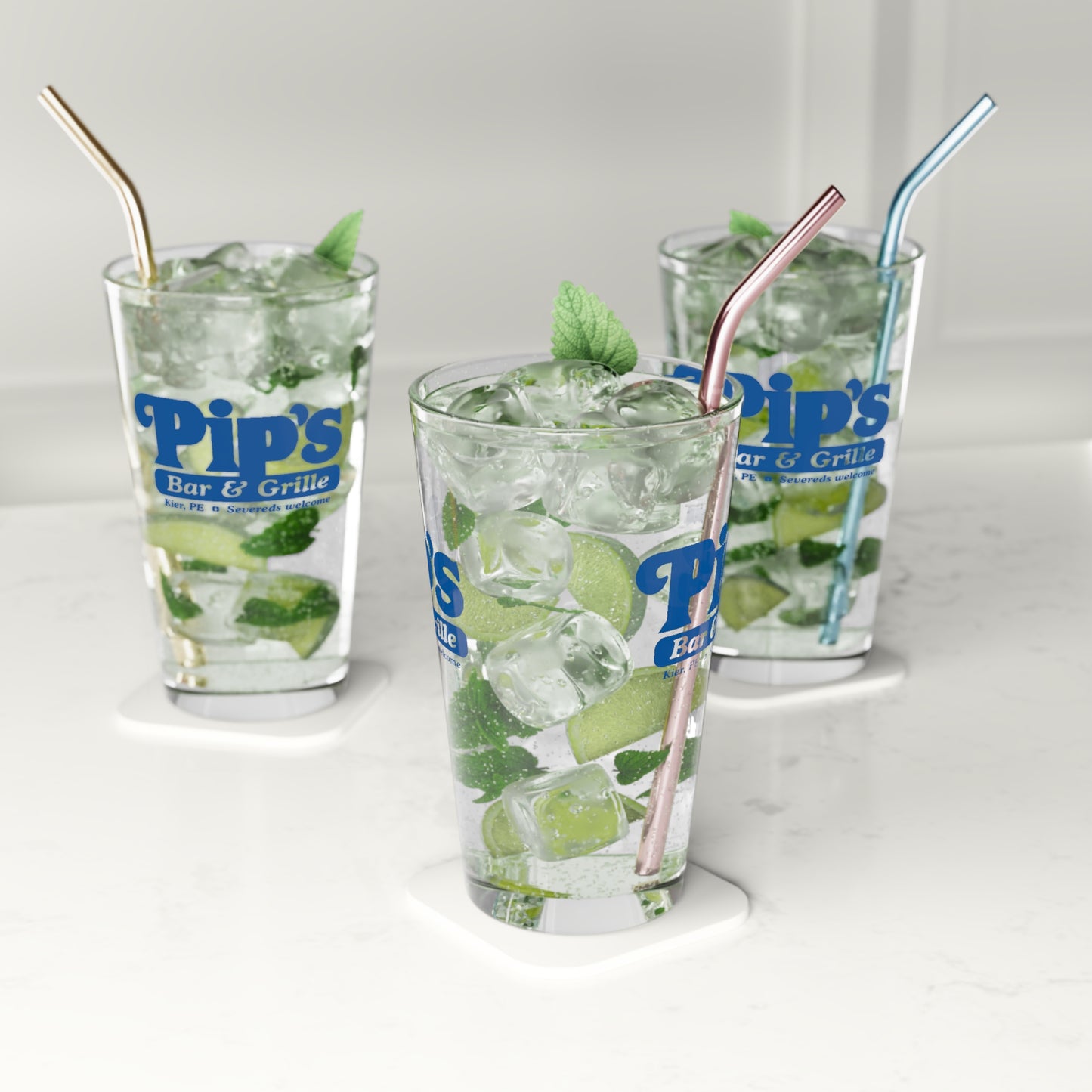 Mockup of three 16 ounce clear pint glass featuring the Pips Bar and Grill logo from the Apple TV show Severance printed on both sides, and filled with an alcoholic beverage.