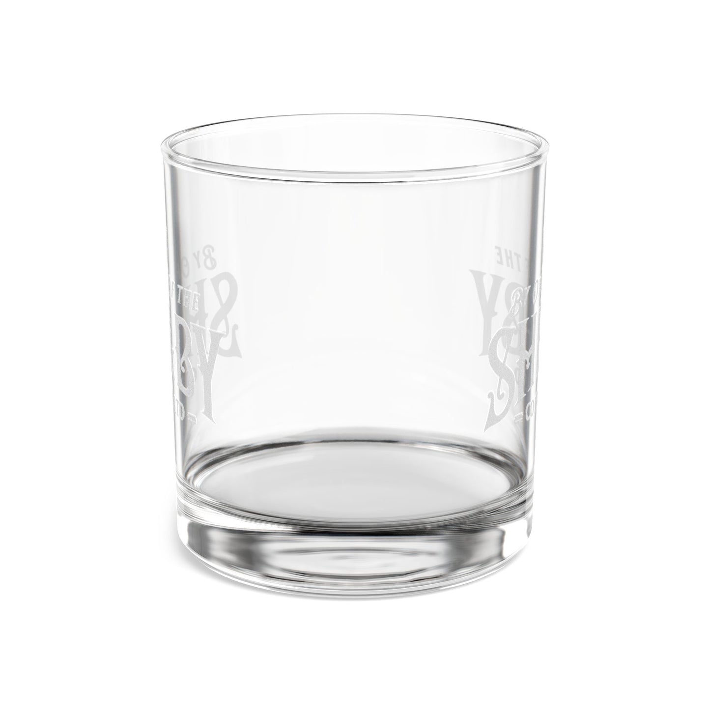 side view of 10 ounce Rocks of Glass with Shelby Company LTD logo from Peaky Blinders printed on both sides