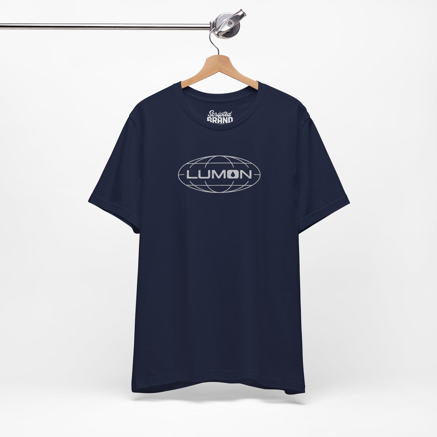 Navy blue colored soft Bella+Canvas shirtsleeve t-shirt with the Lumon Industries logo from the TV show Severance in a vintage distressed ink-stamped style, hanging on a hanger