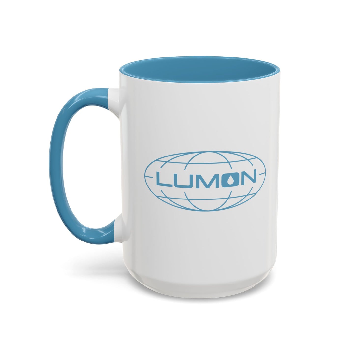 Front angle with handle on left of a mockup of a White Ceramic Mug (15 oz) with the blue Lumon Industries logo on one side and customizable text on the other side (up to 120 characters) inspired by the Apple TV show Severance