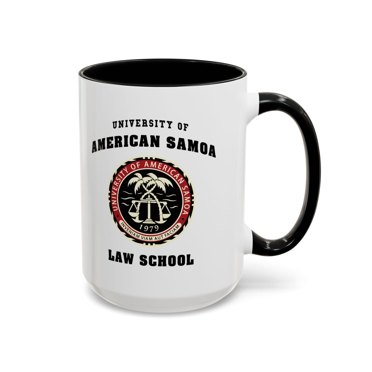 15 oz Ceramic mug with black handle on right featuring University of American Samoa Law School logo from Better Call Saul on both sides.