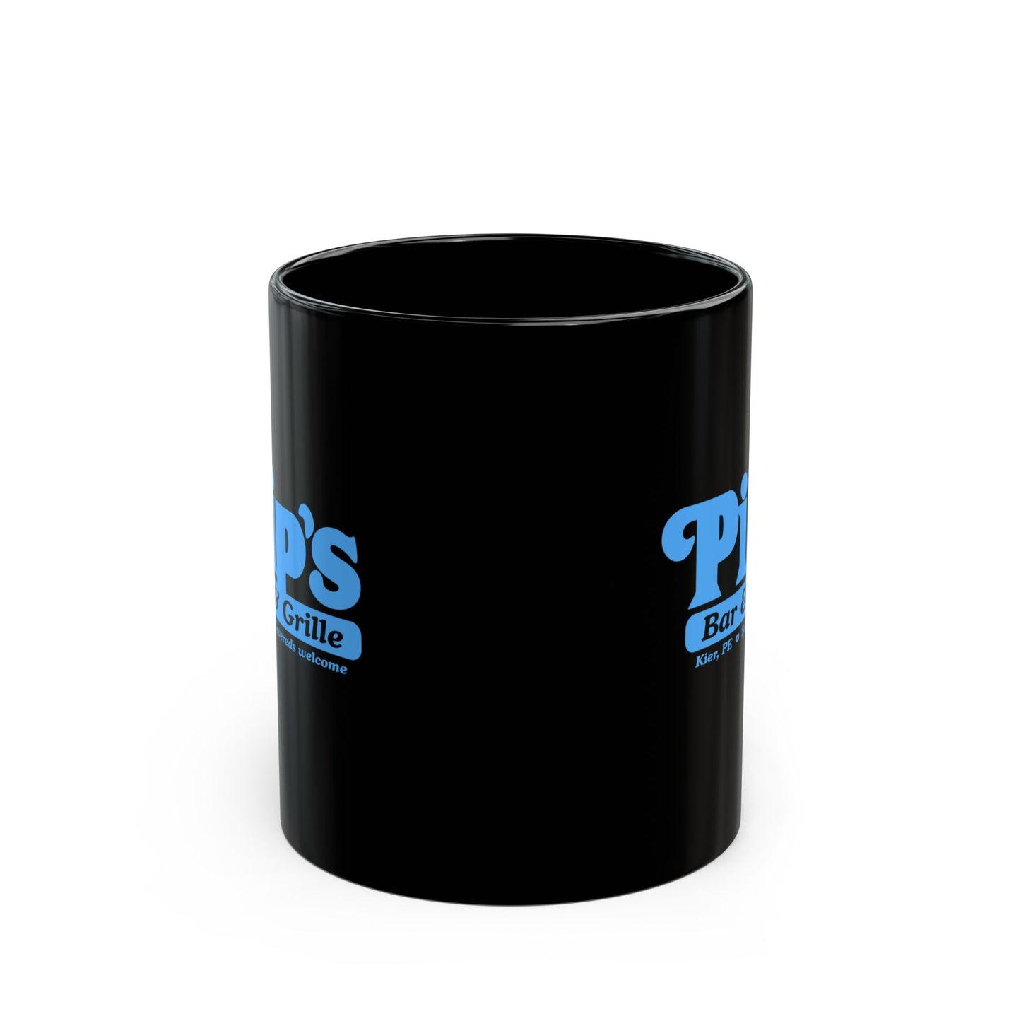 11 oz Black Ceramic Mug featuring the Pips Bar and Grill logo from the Apple TV show Severance printed on both sides in Lumon Industries blue, sold by ScriptedBrand. Handle is on the back side.