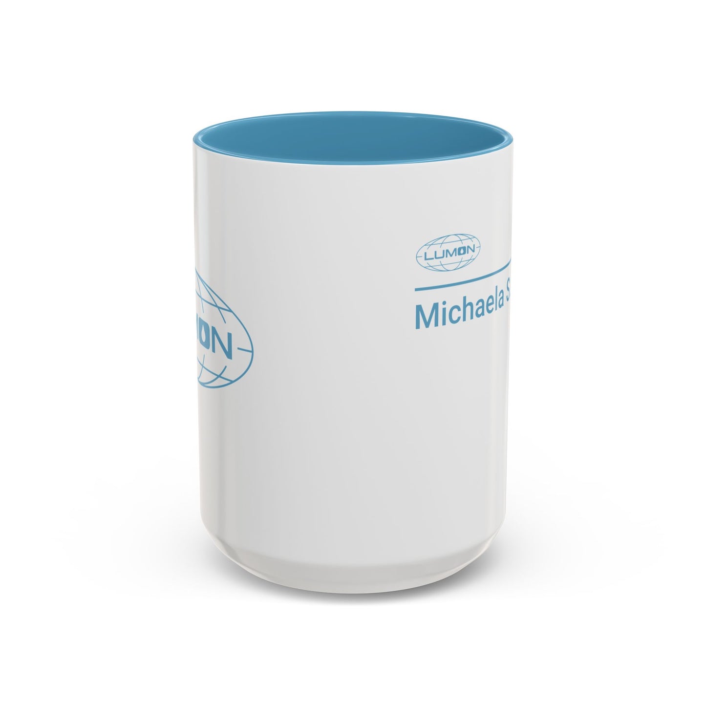 Side angle of a mockup of a White Ceramic Mug (15 oz) with the blue Lumon Industries logo on one side and customizable text on the other side (up to 120 characters) inspired by the Apple TV show Severance.