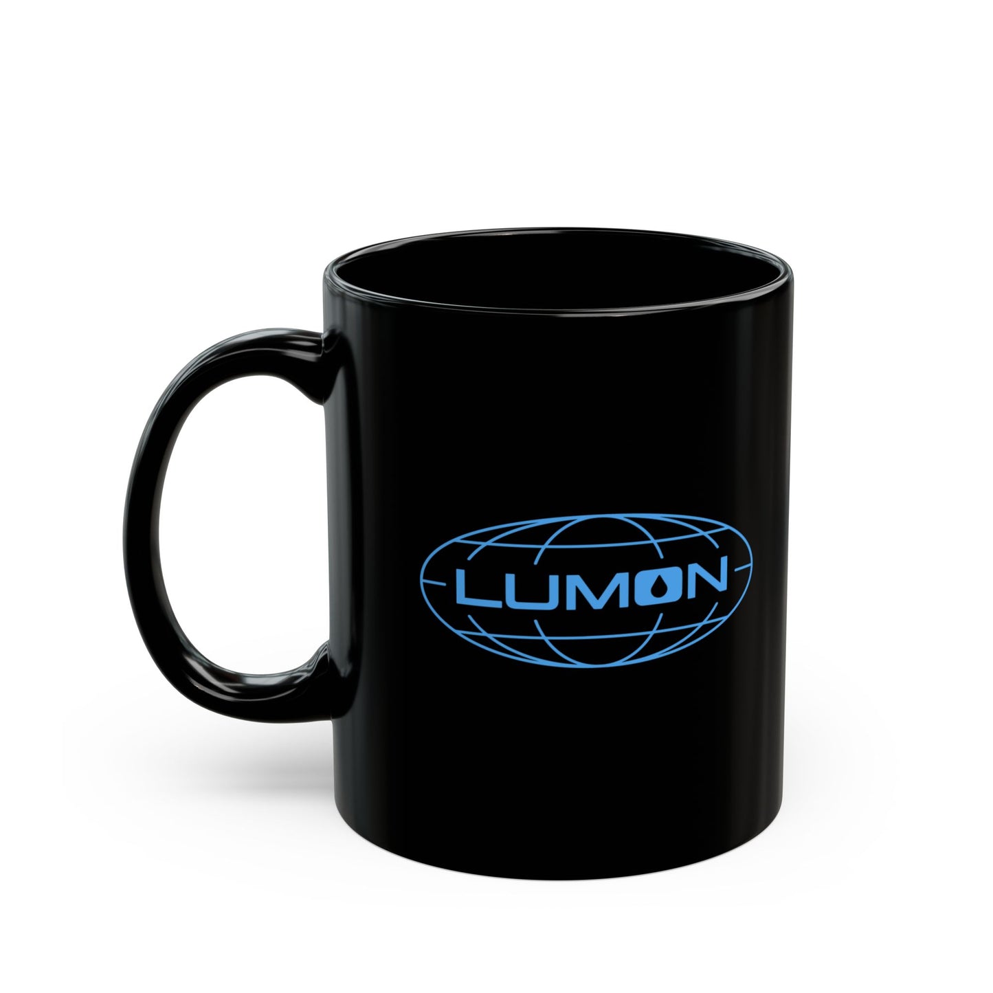 Front view of an 11 oz Black Ceramic Mug with the Lumon Industries logo from the Apple TV show Severance printed on both sides, with the handle on the left.