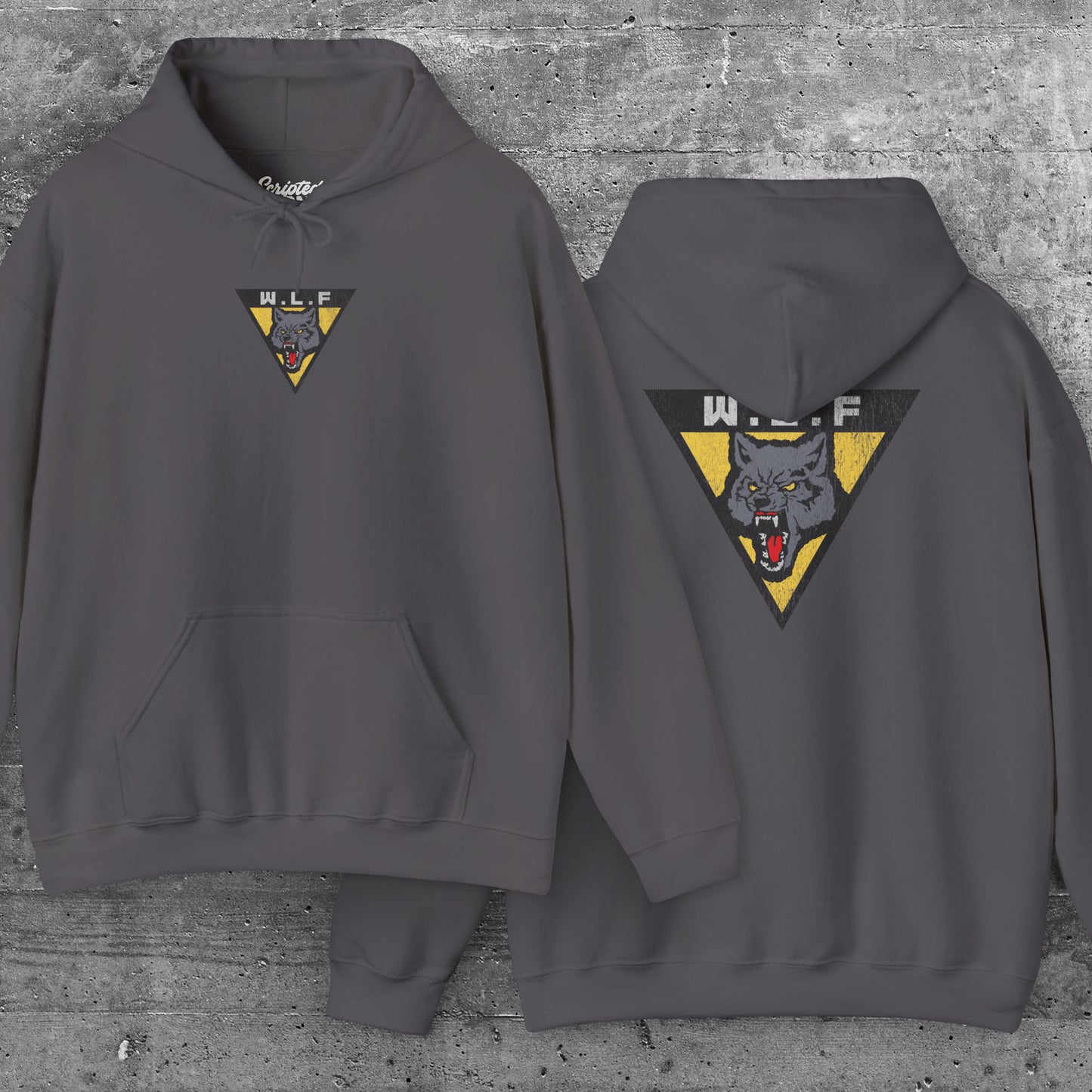 Charcoal hoodie sweatshirt with front and back WLF wolf logo from The Last of Us in vintage distressed style.