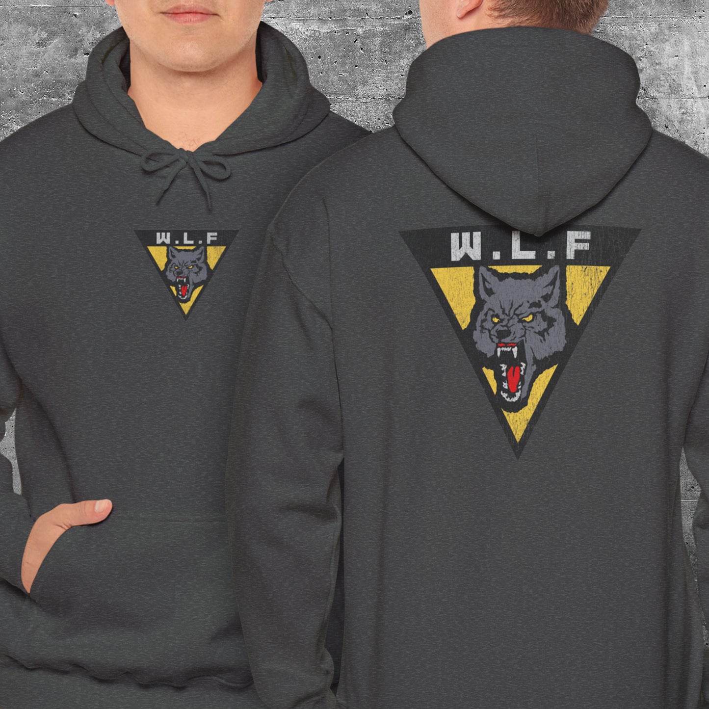Dark heather hoodie with front and back WLF wolf logo from The Last of Us in vintage distressed style.
