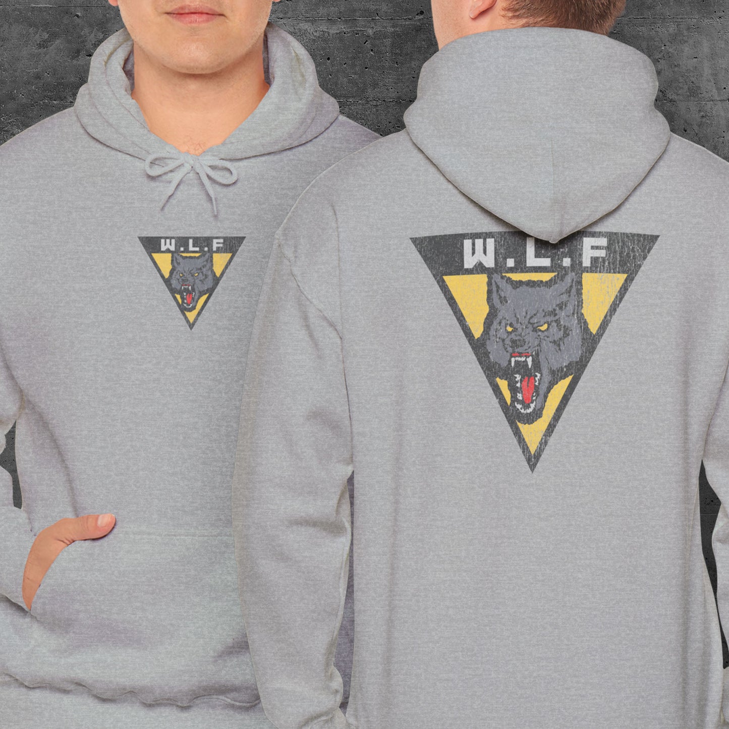 Sport Heather grey hoodie with front and back WLF wolf logo from The Last of Us in vintage distressed style.