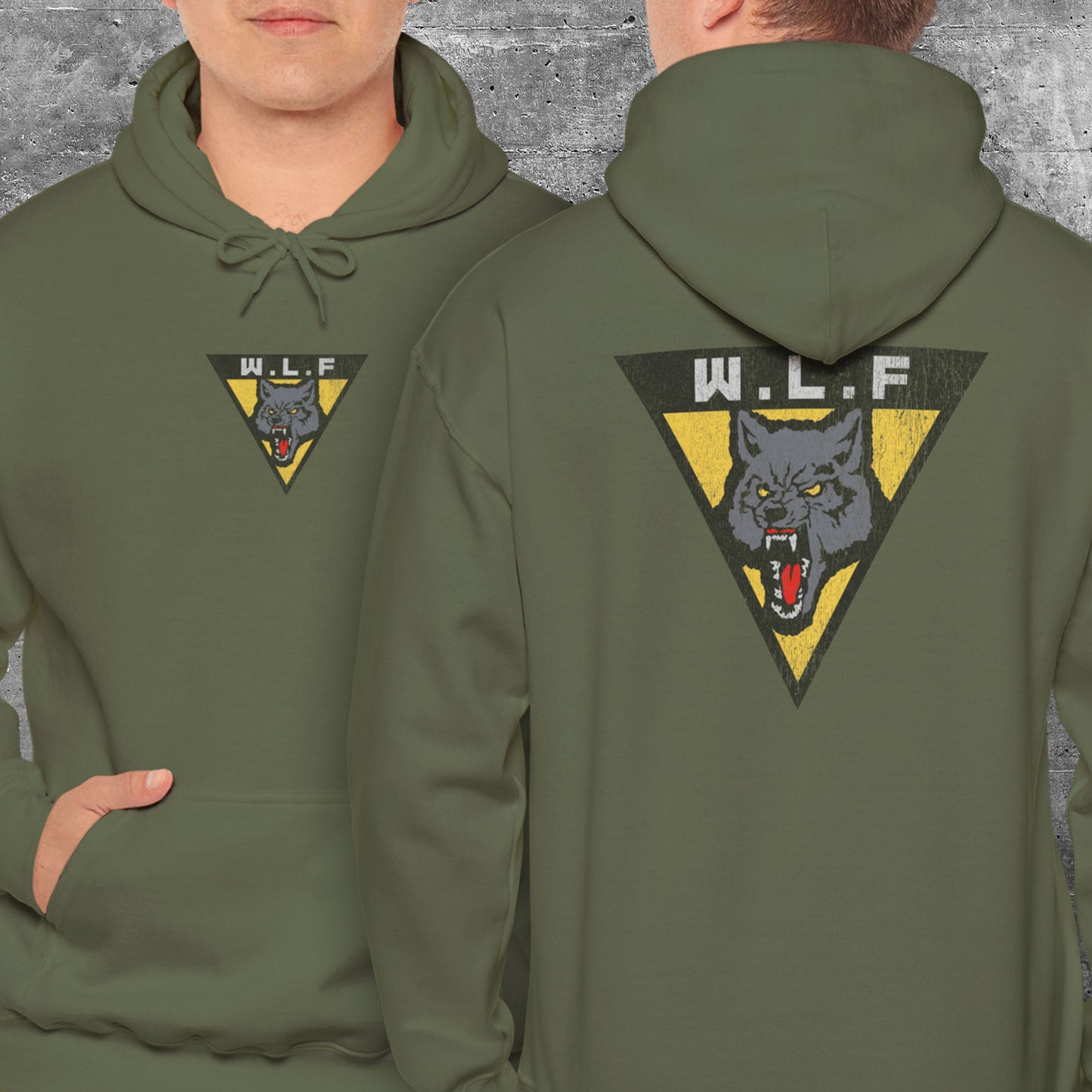 Military Green hoodie with front and back WLF wolf logo from The Last of Us in vintage distressed style.