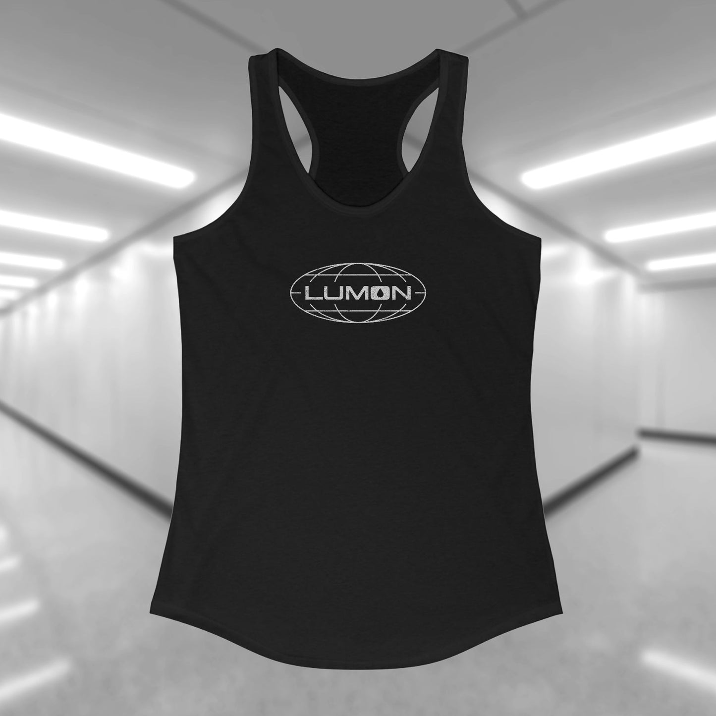 Front view of a black colored Women's Racerback Tank Top Shirt featuring the Lumon Industries logo from the Apple TV show Severance in a vintage distressed style, sold by ScriptedBrand.