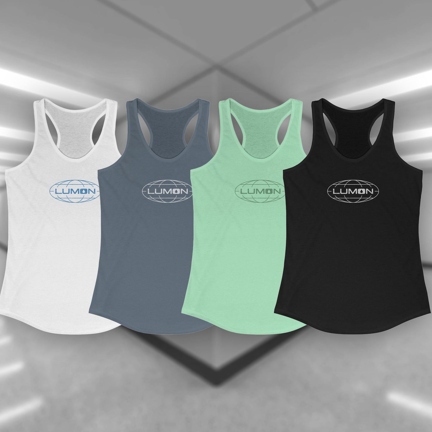 Group of 4 Women's Racerback Tank Top Shirts featuring the Lumon Industries logo from the Apple TV show Severance in a vintage distressed style, sold by ScriptedBrand.