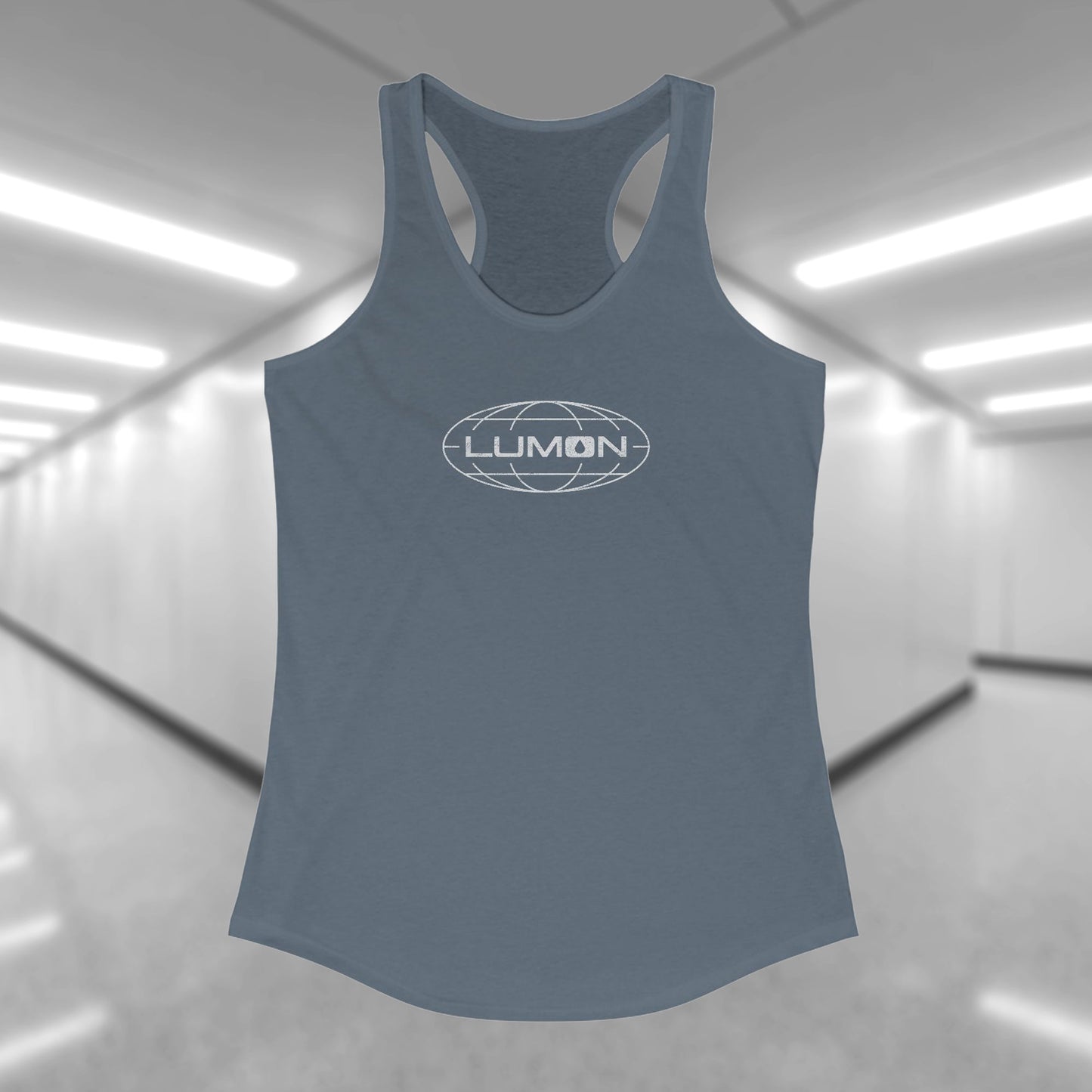 Front view of a indigo blue colored Women's Racerback Tank Top Shirt featuring the Lumon Industries logo from the Apple TV show Severance in a vintage distressed style, sold by ScriptedBrand.