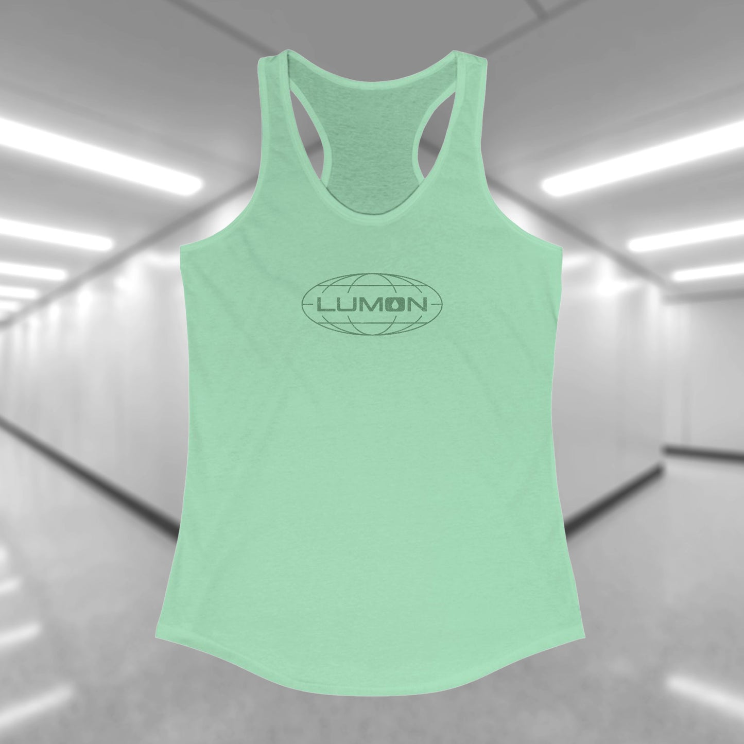 Front view of a mint green colored Women's Racerback Tank Top Shirt featuring the Lumon Industries logo from the Apple TV show Severance in a vintage distressed style, sold by ScriptedBrand.