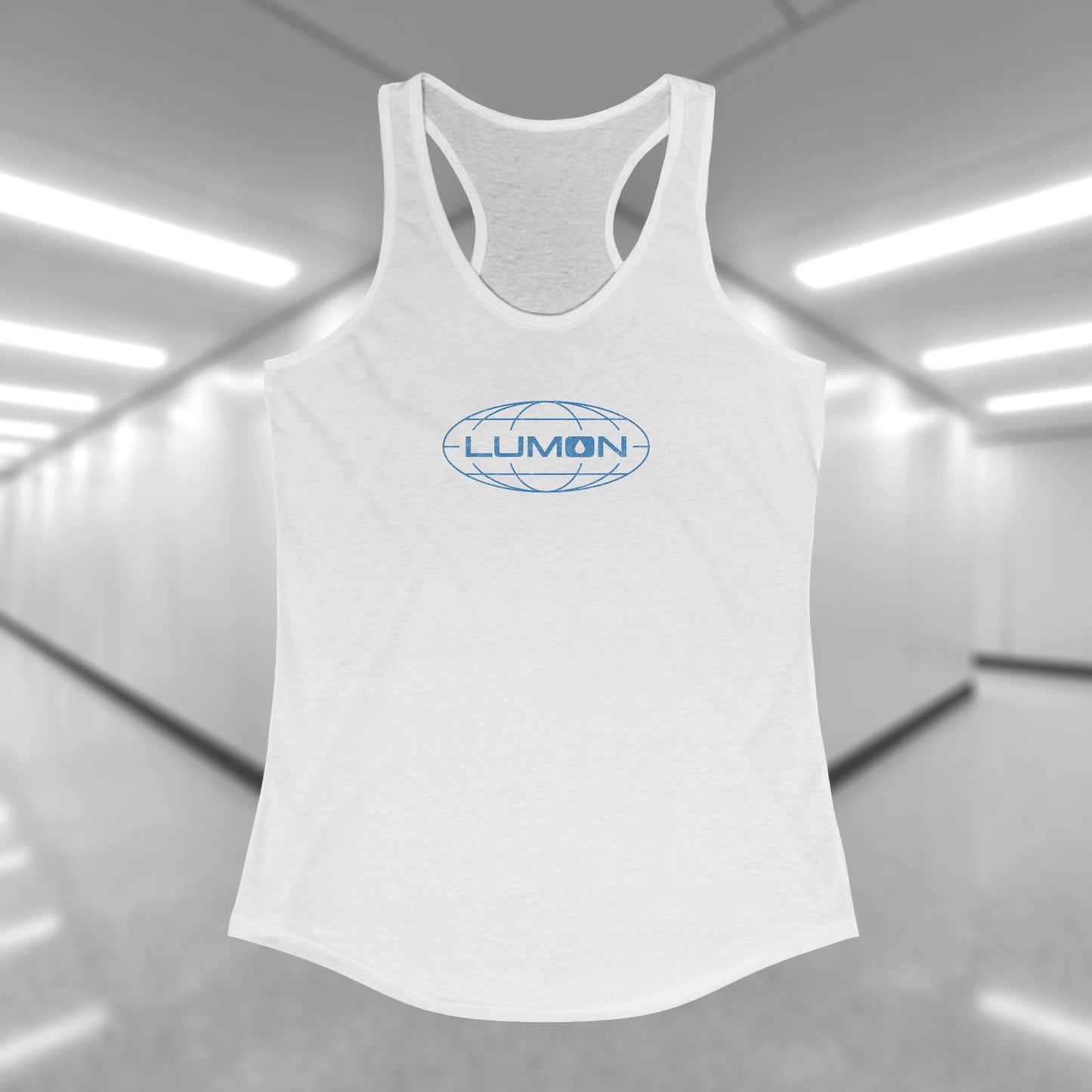 Front view of a white colored Women's Racerback Tank Top Shirt featuring the Lumon Industries logo from the Apple TV show Severance in a vintage distressed style, sold by ScriptedBrand.