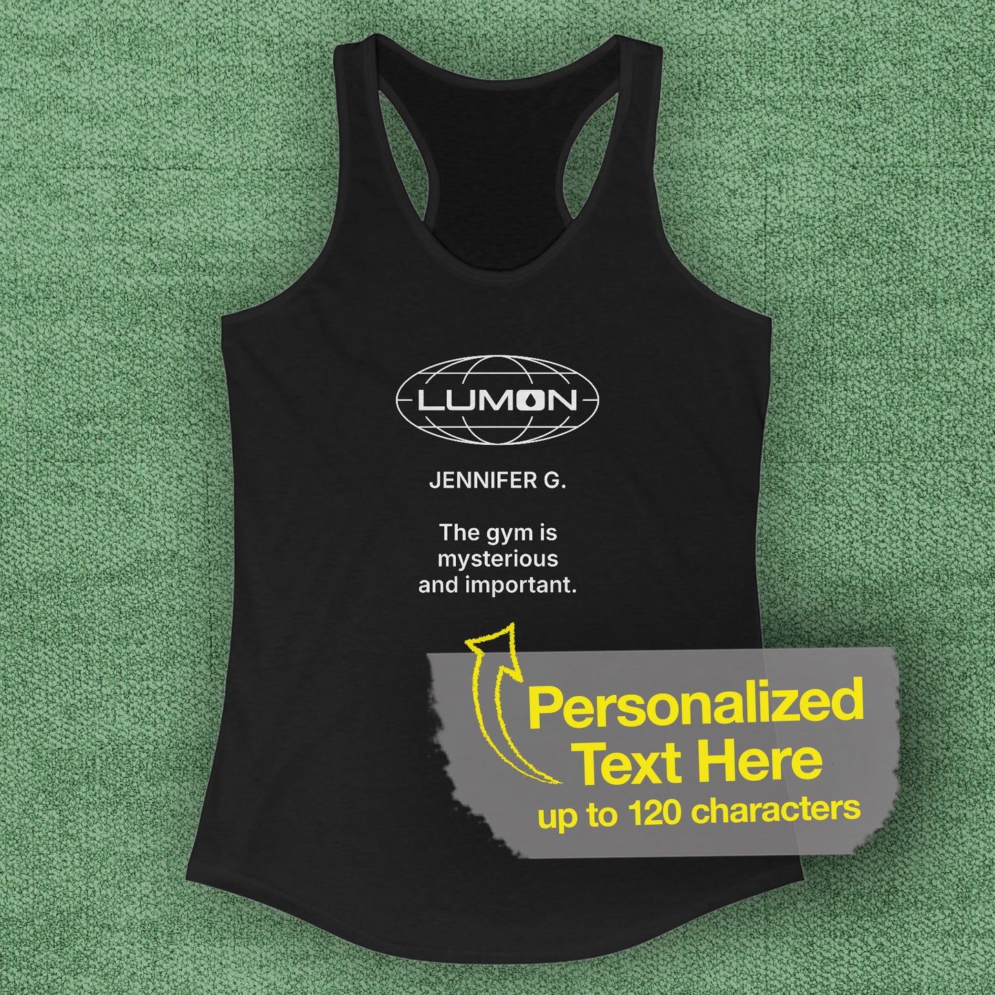 front view of black colored women’s racerback tank top featuring a Lumon Industries logo and personalized text underneath.
