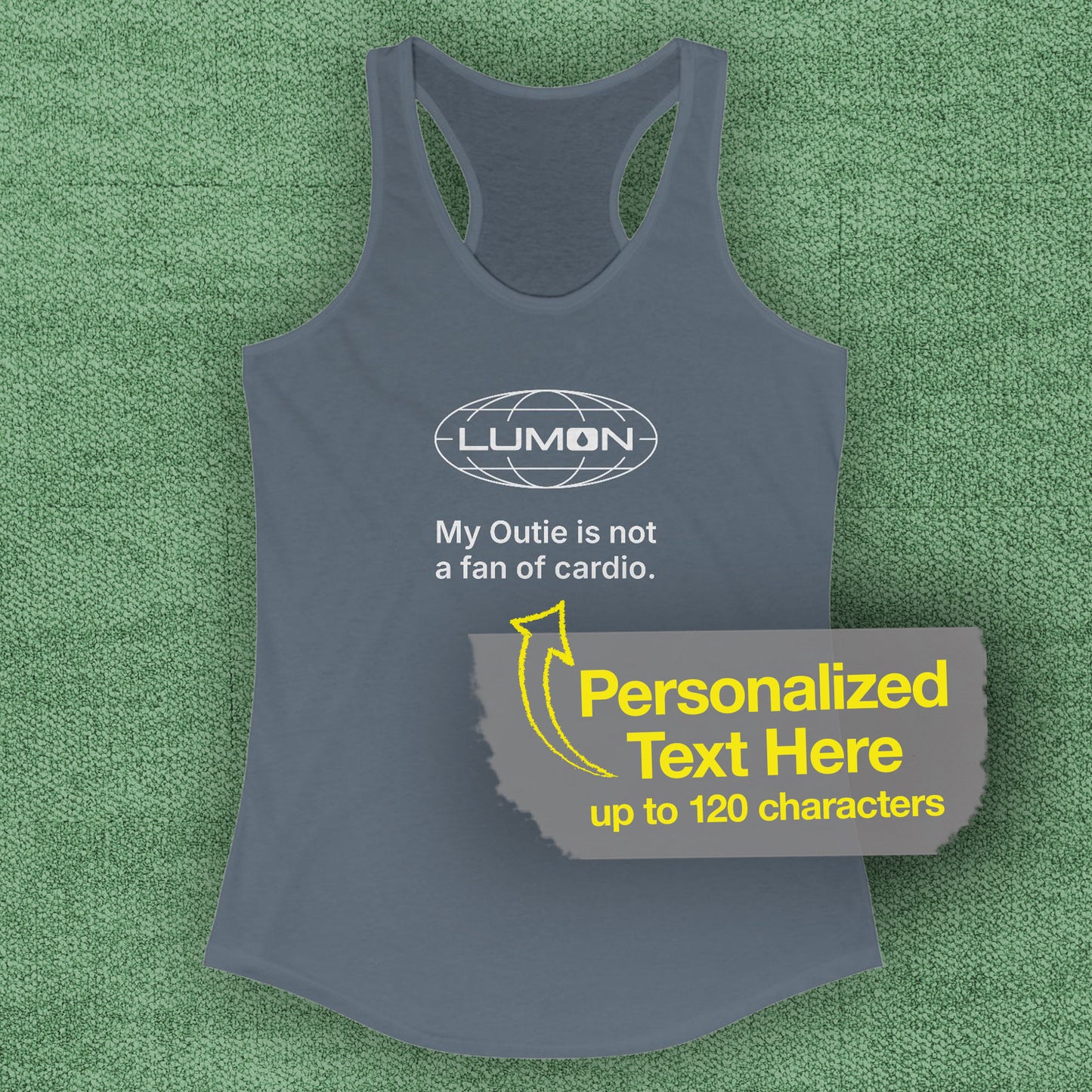 front view of indigo colored women’s racerback tank top featuring a Lumon Industries logo and personalized text underneath.