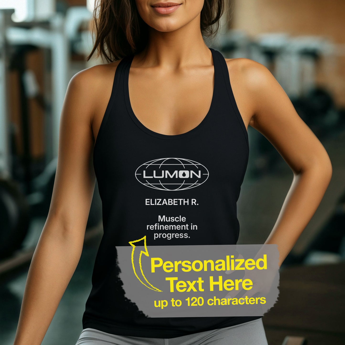 female wearing black colored women’s racerback tank top featuring a Lumon Industries logo and personalized text underneath.