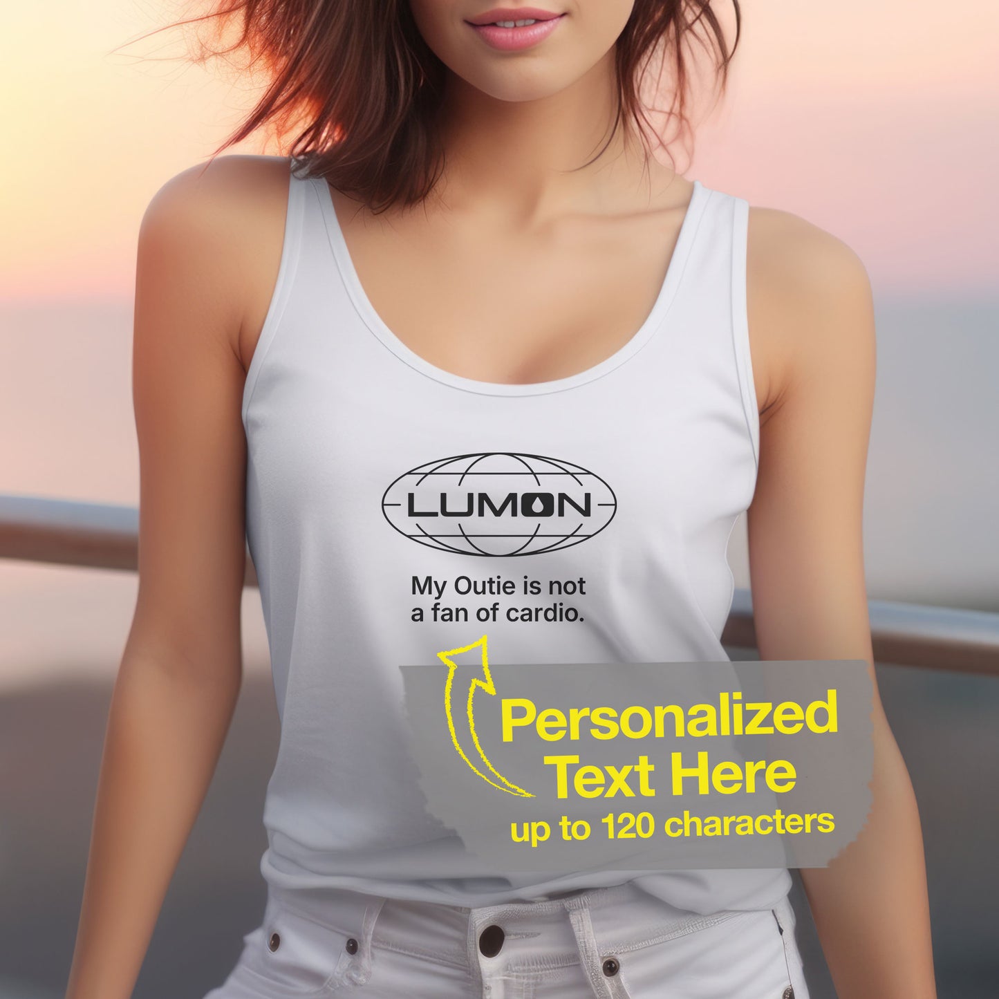 female wearing white colored women’s racerback tank top featuring a Lumon Industries logo and personalized text underneath.