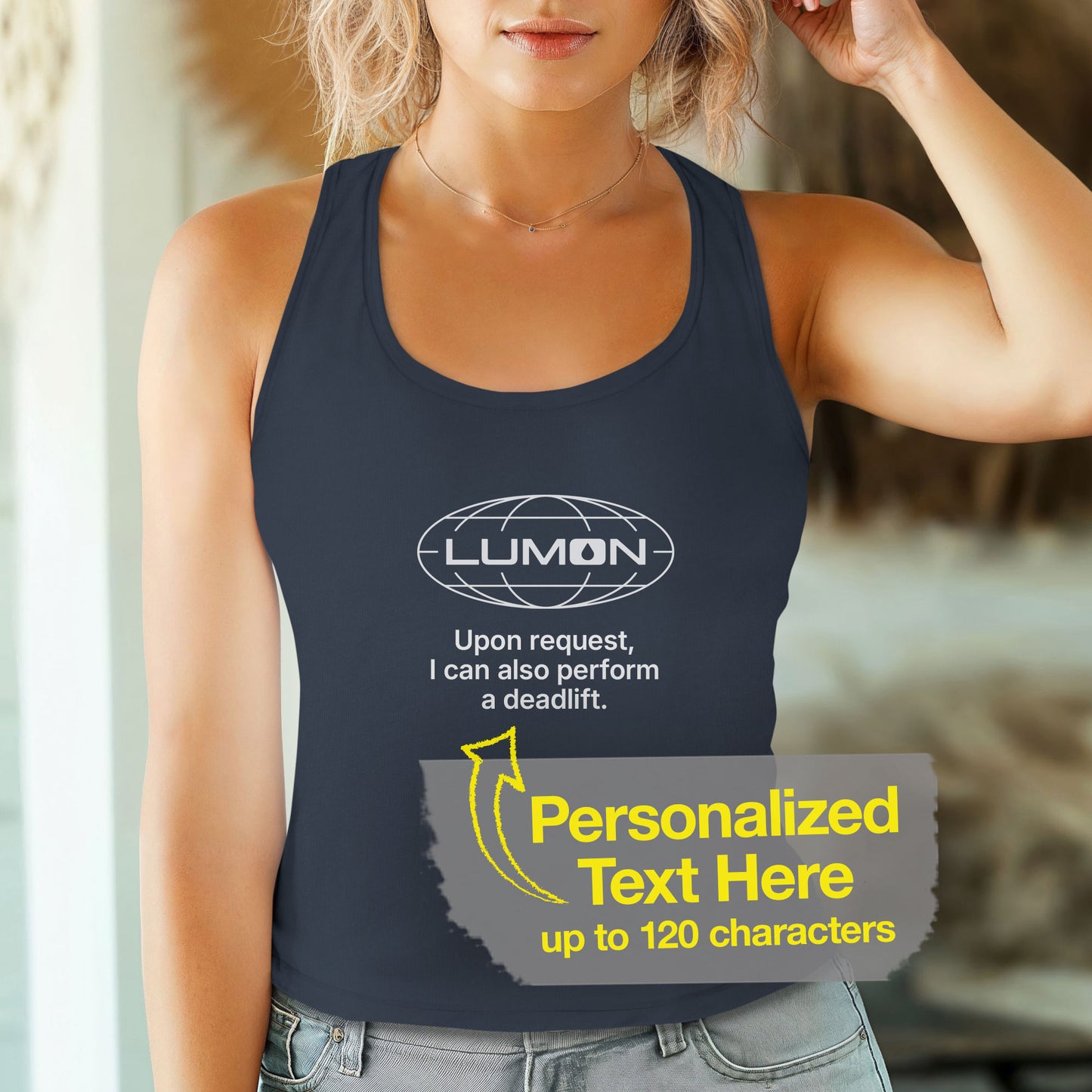 female wearing indigo colored women’s racerback tank top featuring a Lumon Industries logo and personalized text underneath.