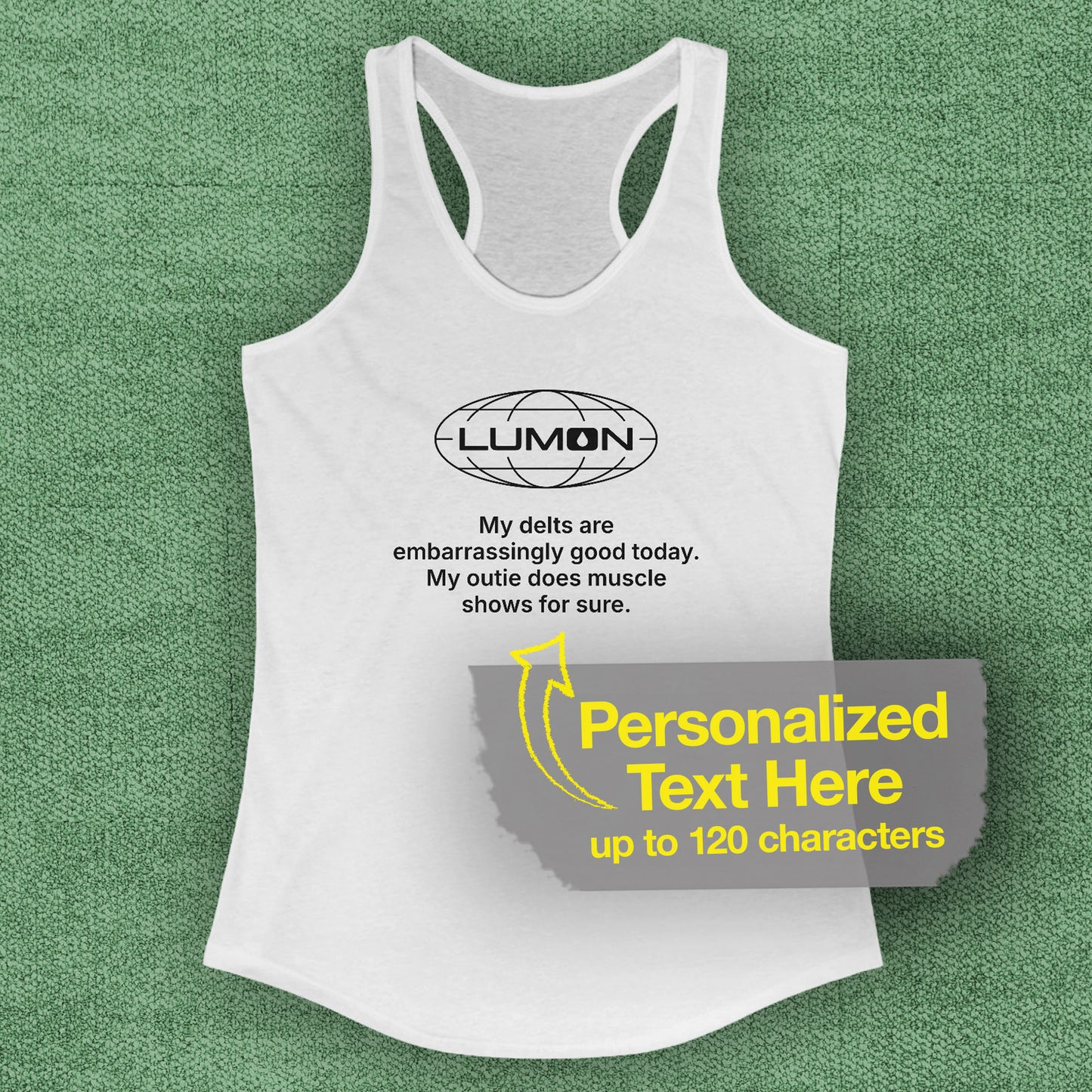 front view of white colored women’s racerback tank top featuring a Lumon Industries logo and personalized text underneath.