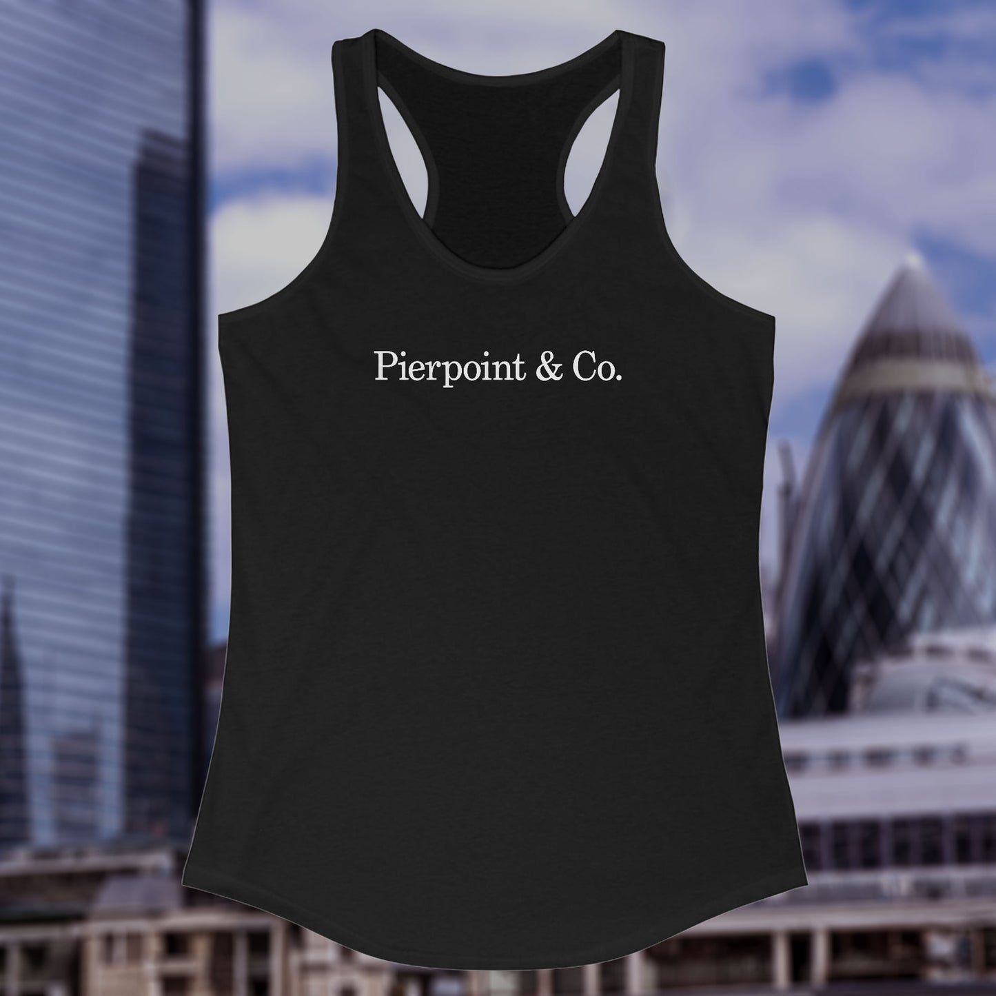 Front view of a black colored Women's Racerback Tank Top Shirt featuring the Pierpoint & Co logo from the HBO TV show Industry, sold by ScriptedBrand.