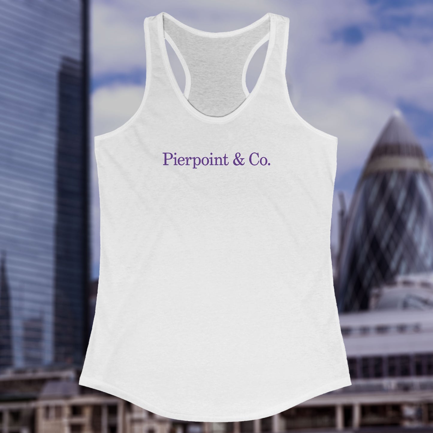 Front view of a white colored Women's Racerback Tank Top Shirt featuring the Pierpoint & Co logo from the HBO TV show Industry, sold by ScriptedBrand.