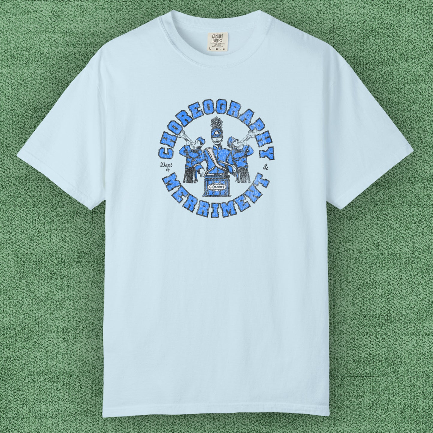 Chambray t-shirt with vintage graphic of Severance’s Choreography & Merriment Dept in blue on Comfort Colors 1717 tee.