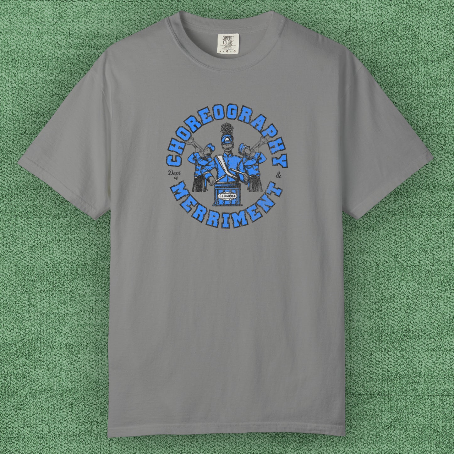 Granite t-shirt with vintage graphic of Severance’s Choreography & Merriment Dept in blue on Comfort Colors 1717 tee.