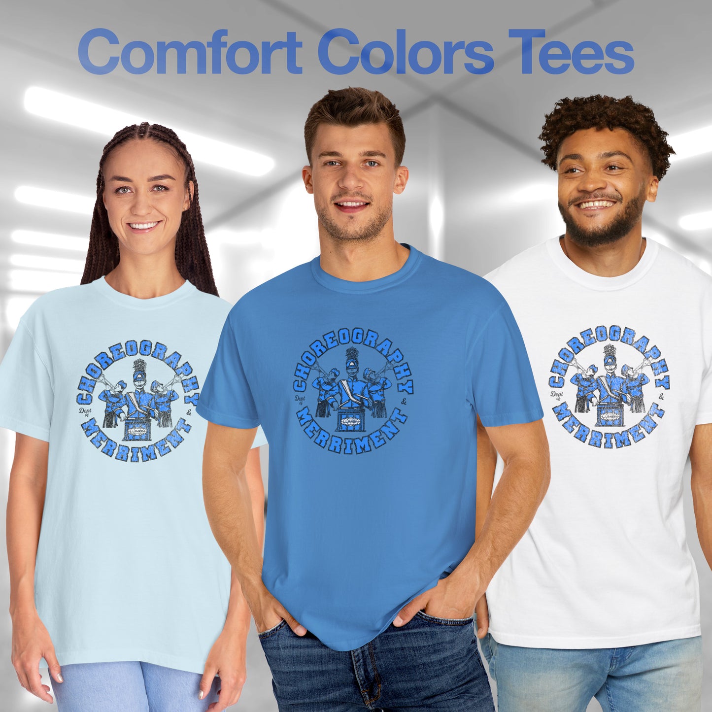 models wearing t-shirts with vintage graphic of Severance’s Choreography & Merriment Dept in blue on Comfort Colors 1717 tee.