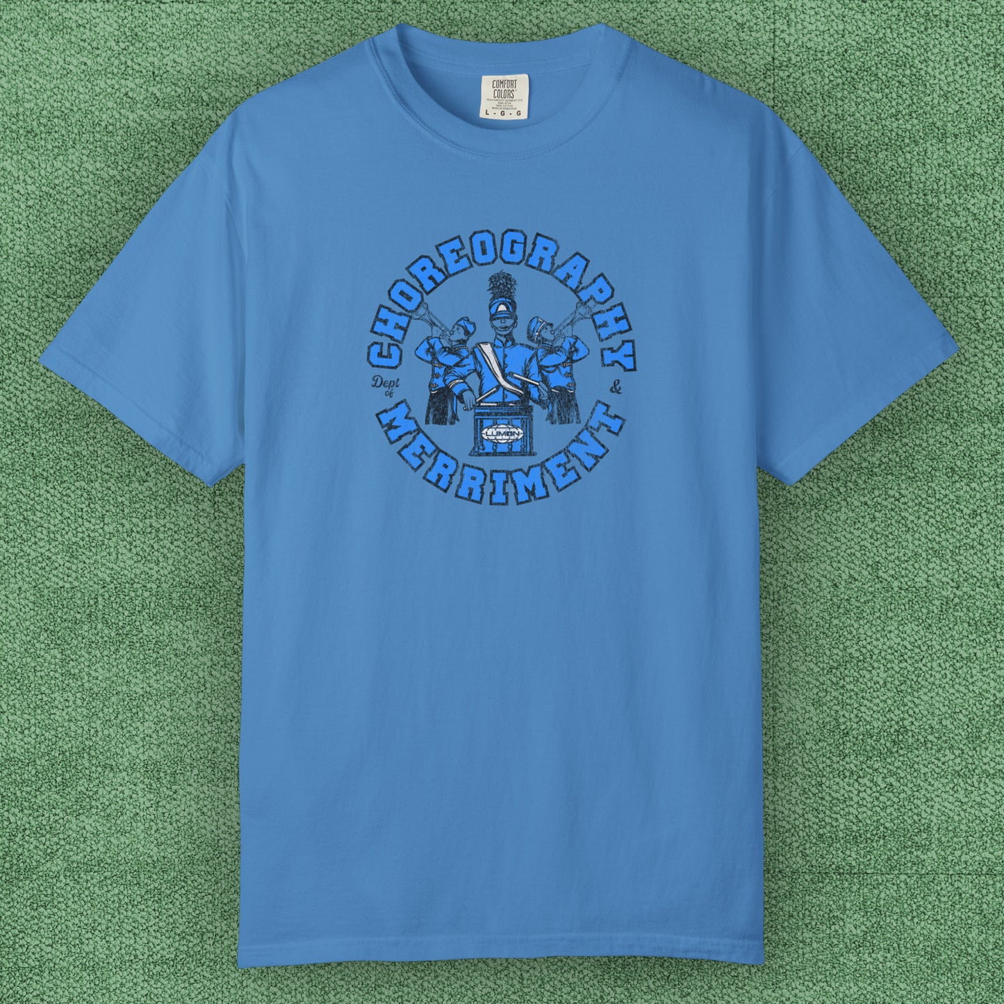 Royal Caribe t-shirt with vintage graphic of Severance’s Choreography & Merriment Dept in blue on Comfort Colors 1717 tee.