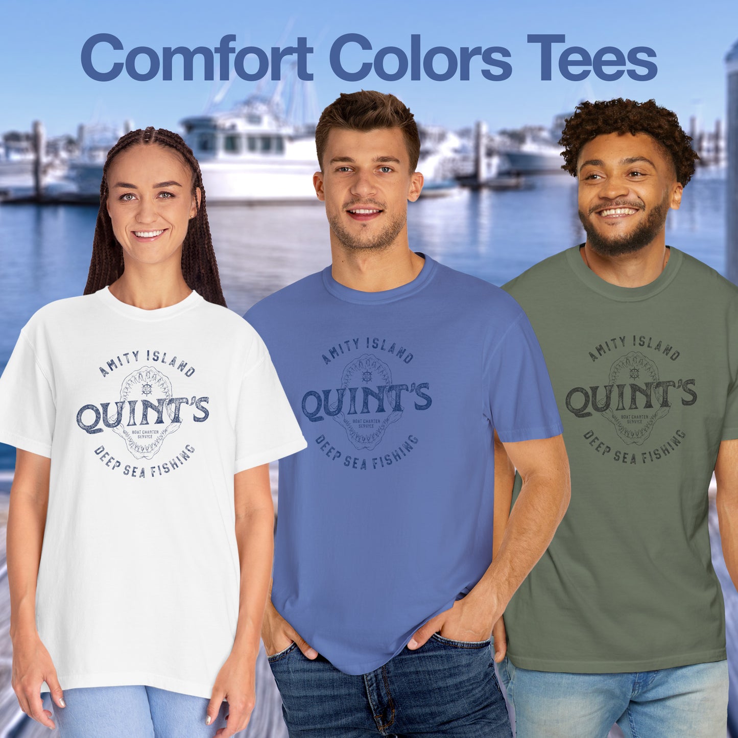 Models wearing Comfort Colors t-shirts with vintage Quint’s Deep Sea Fishing logo from Jaws, with shark graphic, distressed style.